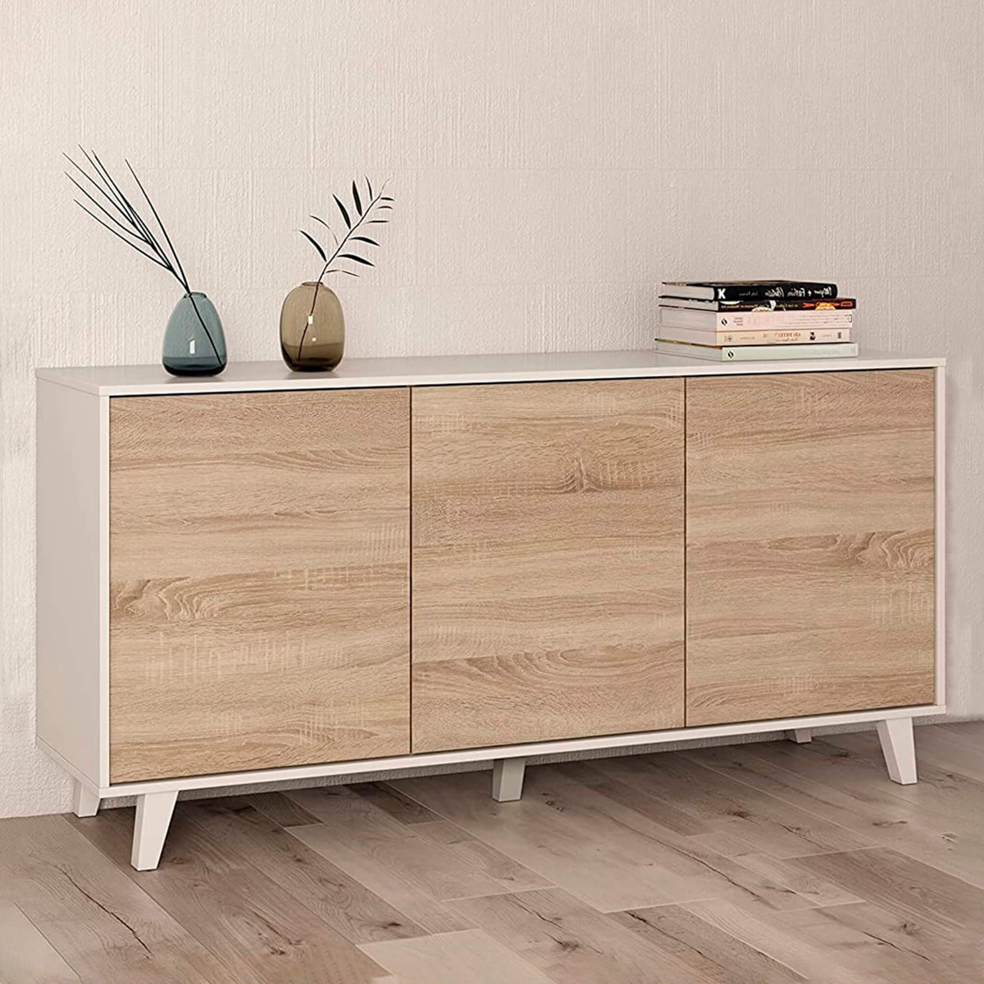 Aparador-ZIKO-com-3-portas---Branco-Brilho-e-Carvalho