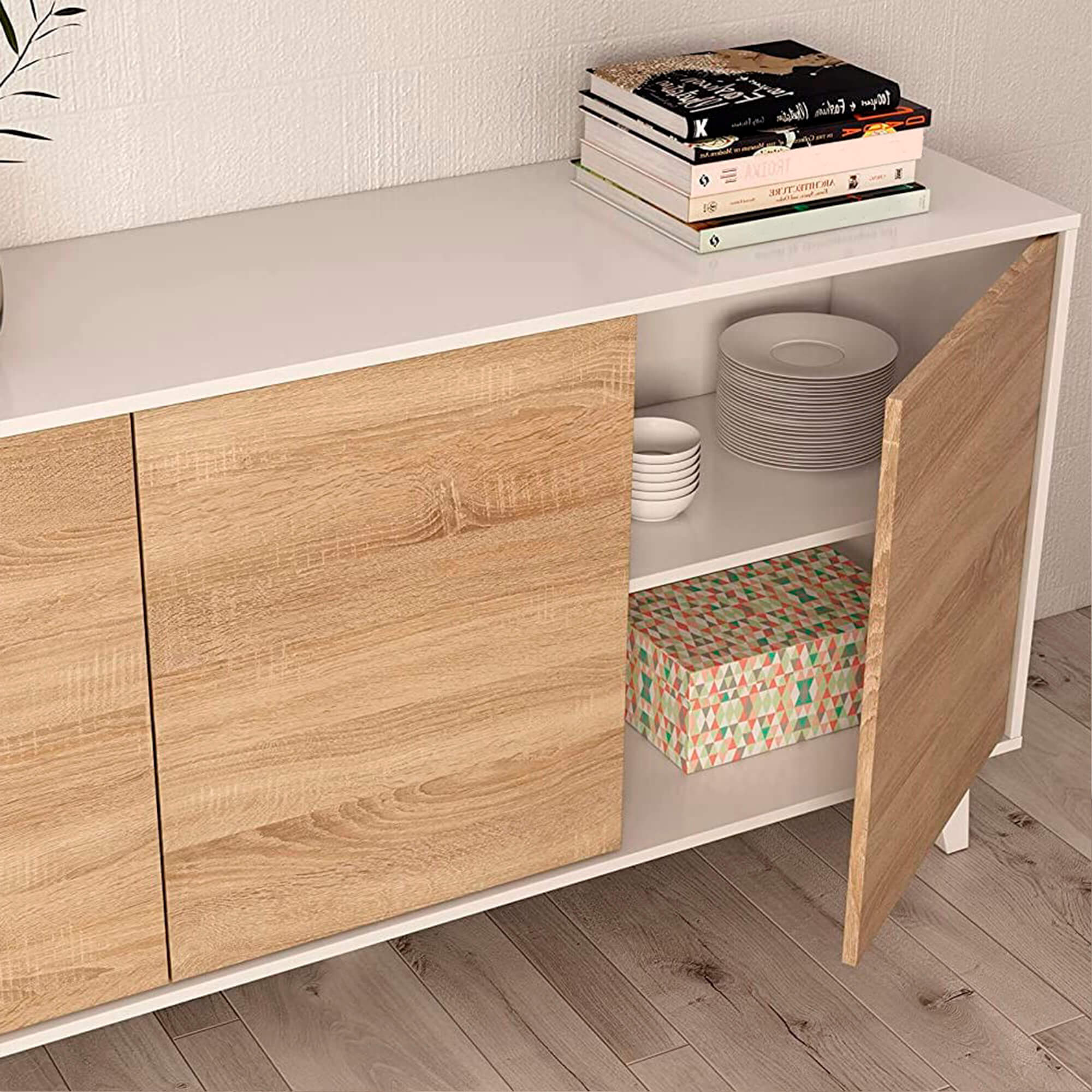 Aparador-ZIKO-com-3-portas---Branco-Brilho-e-Carvalho