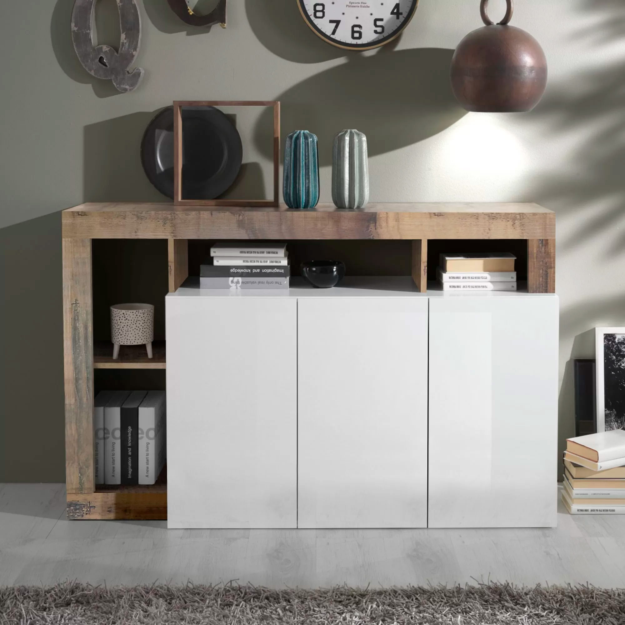 Aparador-HAMBURG-com-3-portas---Branco-Brilho-e-Carvalho