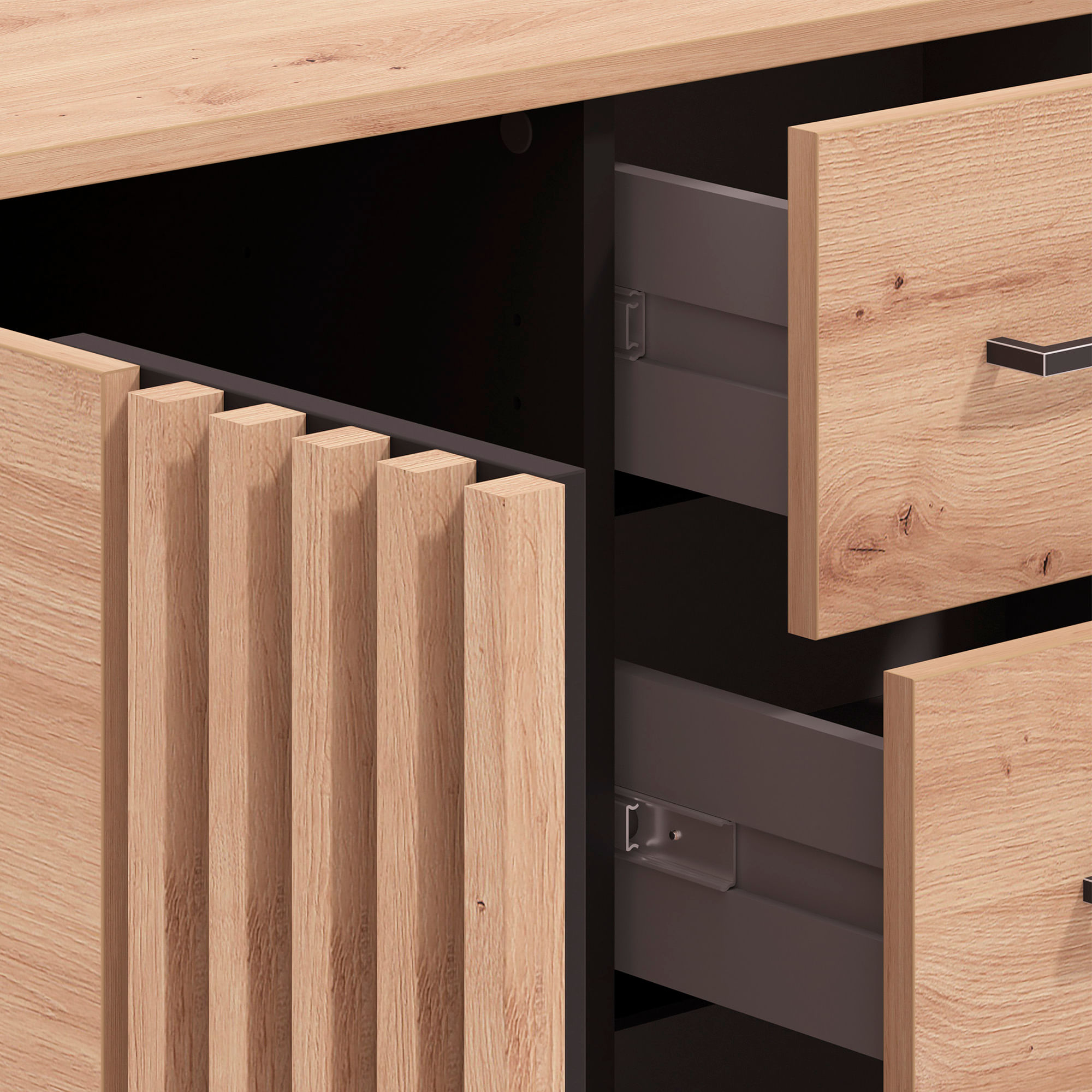 Aparador-ASCALON-com-1-porta-e-4-gavetas---Carvalho-Artesanato-e-Preto