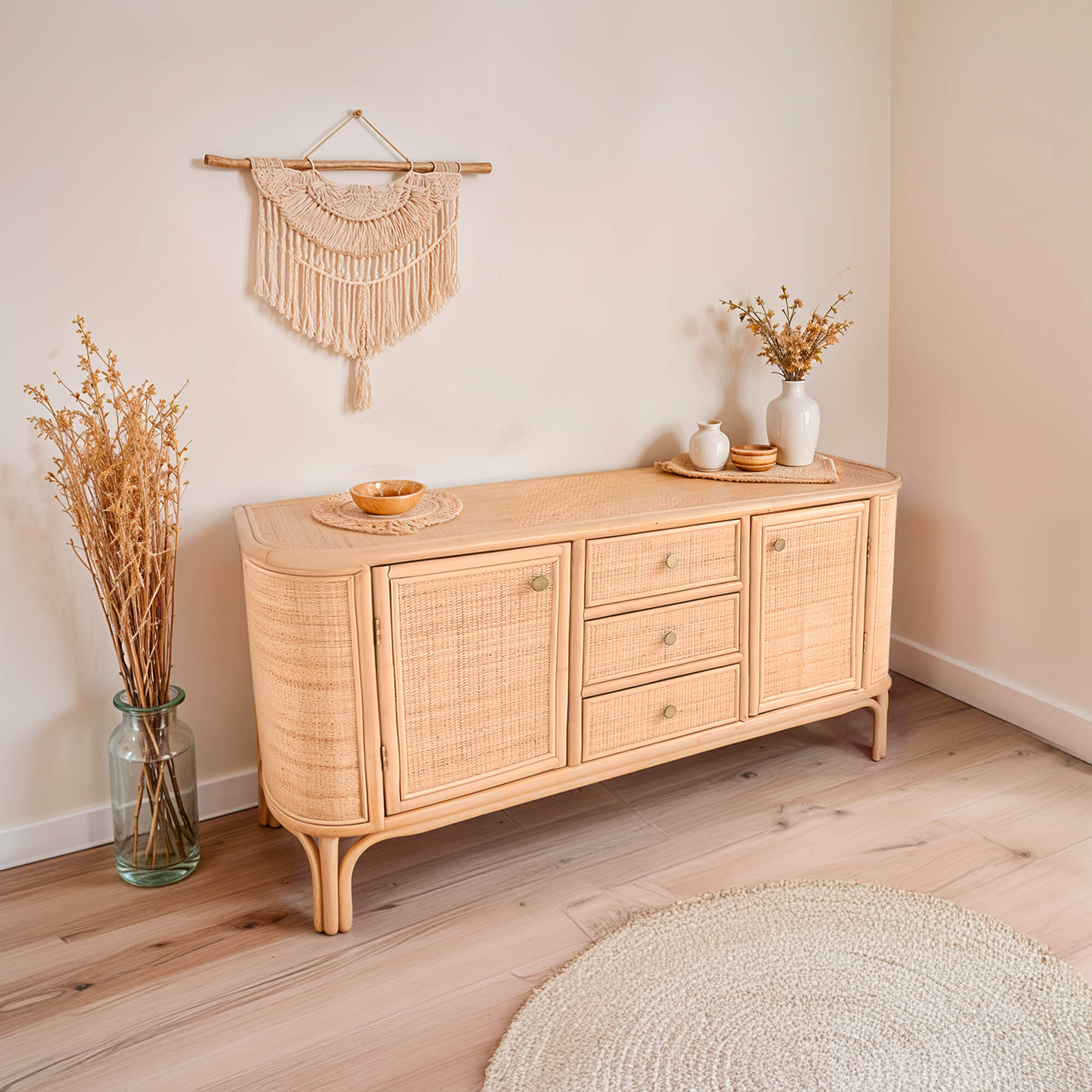 Aparador-INDO-com-2-portas-e-3-gavetas---Carvalho-e-Rattan