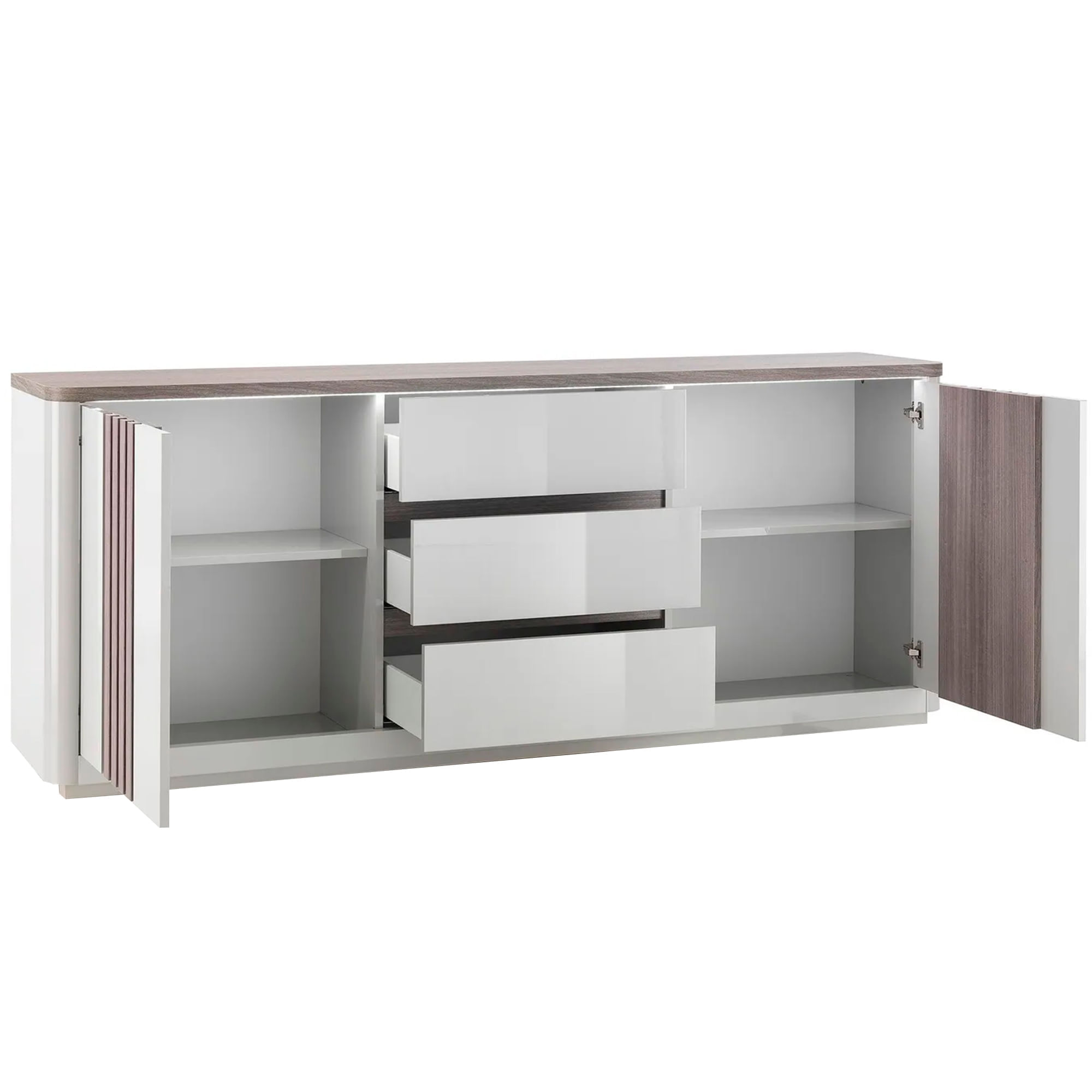 Aparador-PESARO-com-LED--210cm----Cinzento-Brilho-e-Carvalho-Cinza