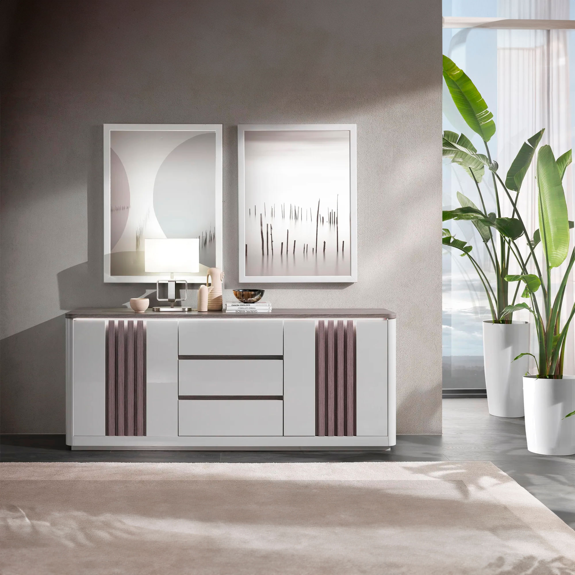 Aparador-PESARO-com-LED--210cm----Cinzento-Brilho-e-Carvalho-Cinza