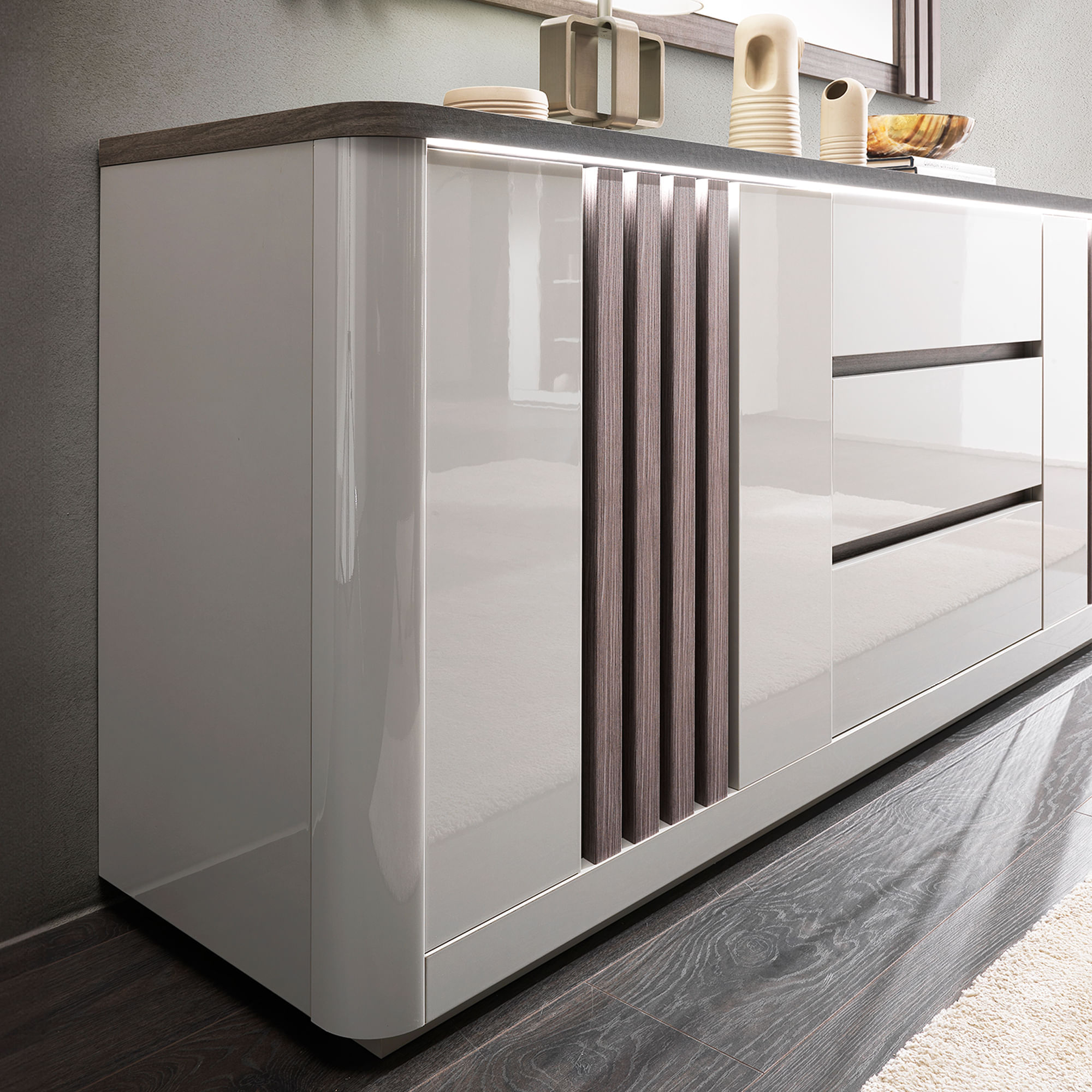 Aparador-PESARO-com-LED--210cm----Cinzento-Brilho-e-Carvalho-Cinza
