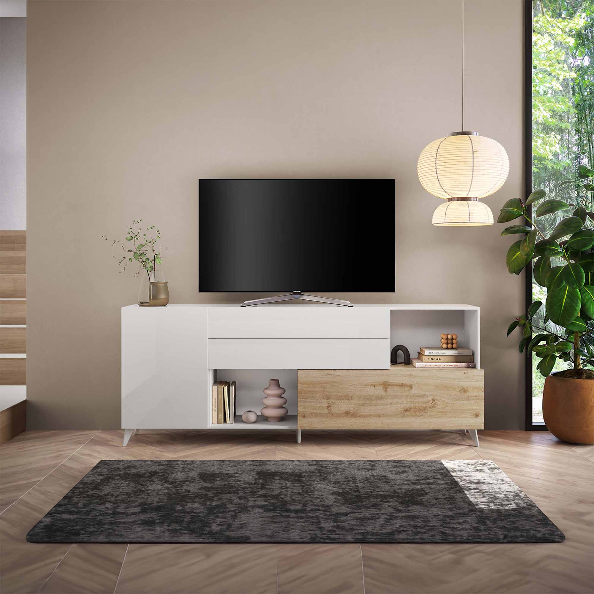 Aparador-MONACO-com-2-portas-e-2-gavetas--241cm----Branco-Brilho-e-Carvalho