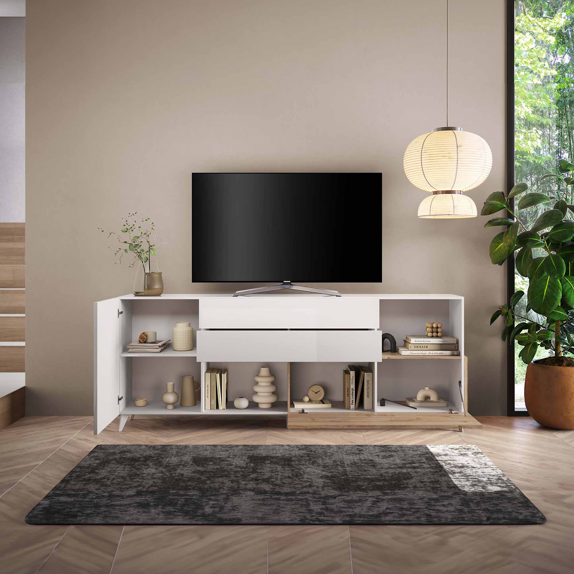 Aparador-MONACO-com-2-portas-e-2-gavetas--241cm----Branco-Brilho-e-Carvalho