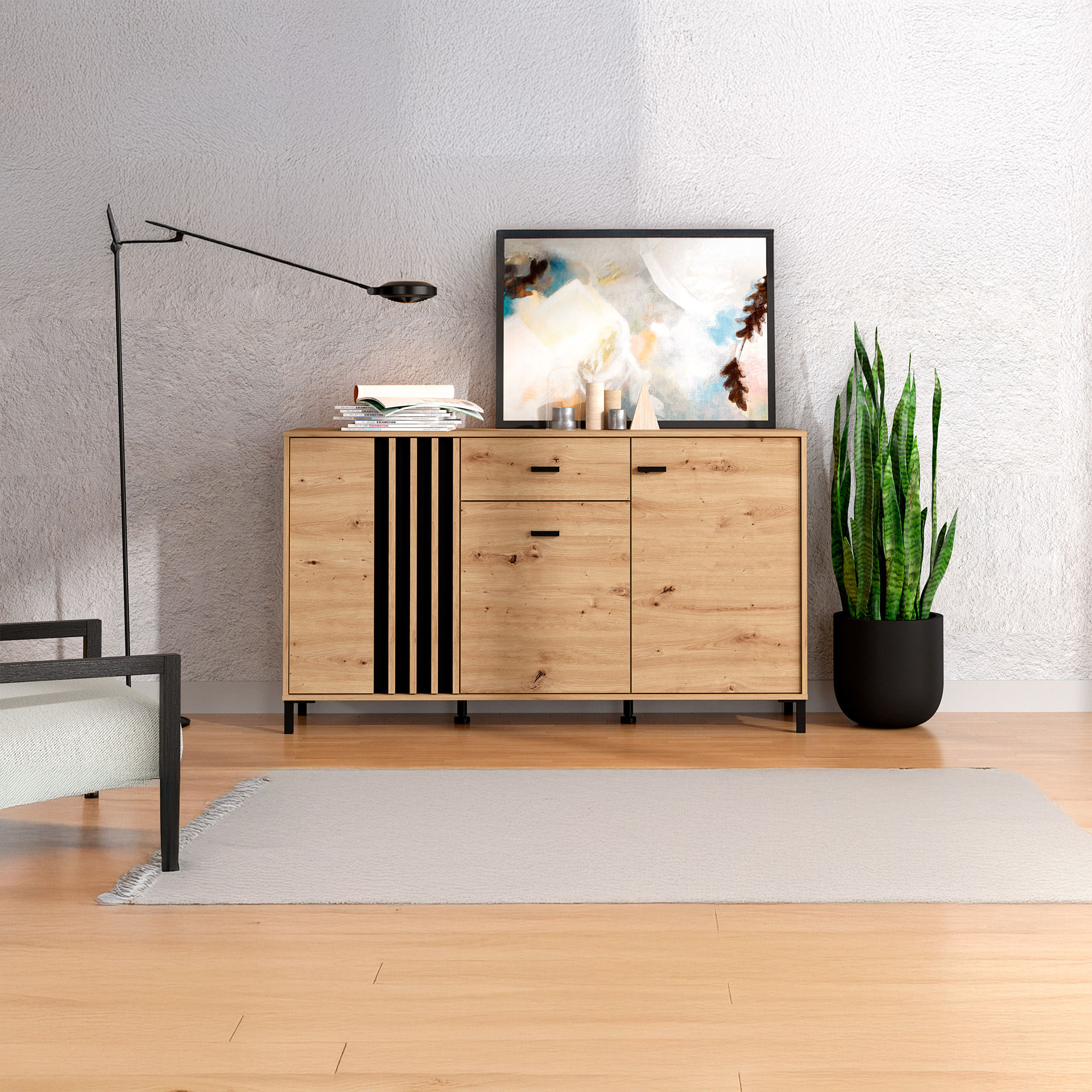 Aparador-LAVAL-com-3-portas-e-1-gaveta---Carvalho-Artesanato-e-Preto