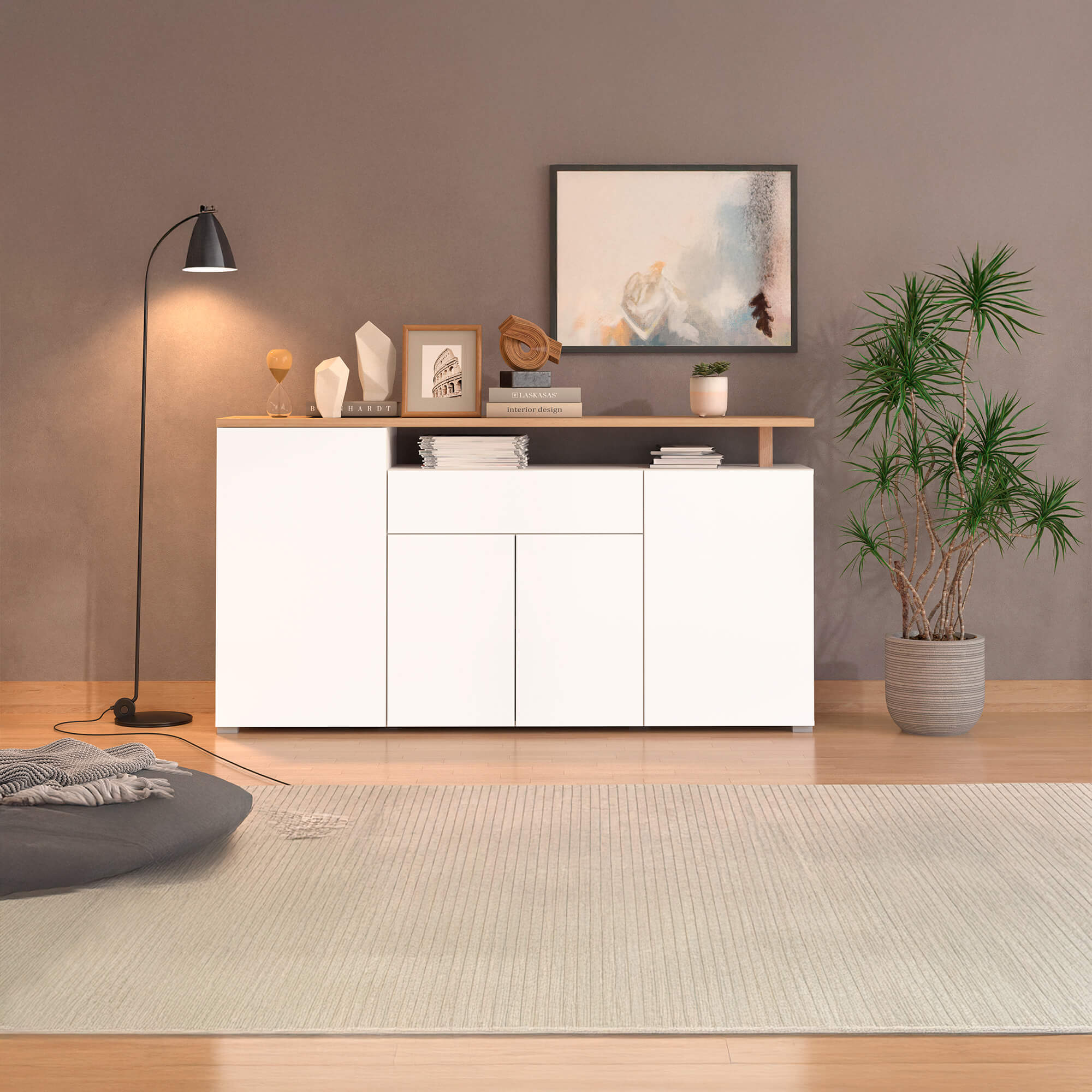 Aparador-ATERNO-com-4-portas-e-1-gaveta---Carvalho-Artesanato-e-Branco-Mate