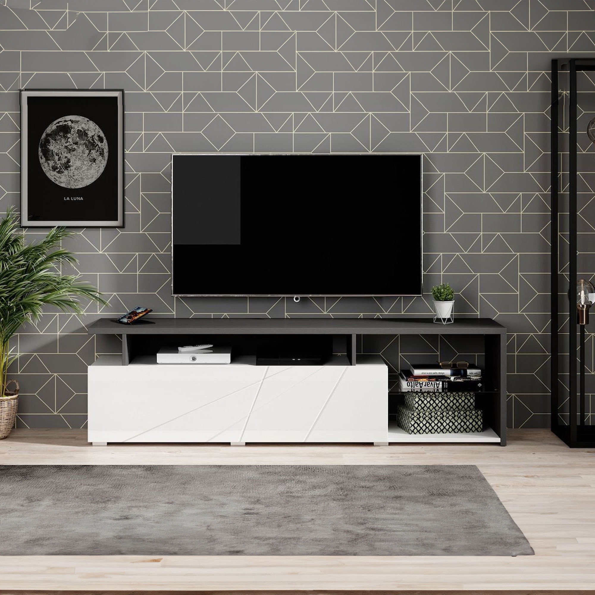 Movel-TV-ARCTIC---Branco-Brilho-e-Preto-Vulcano