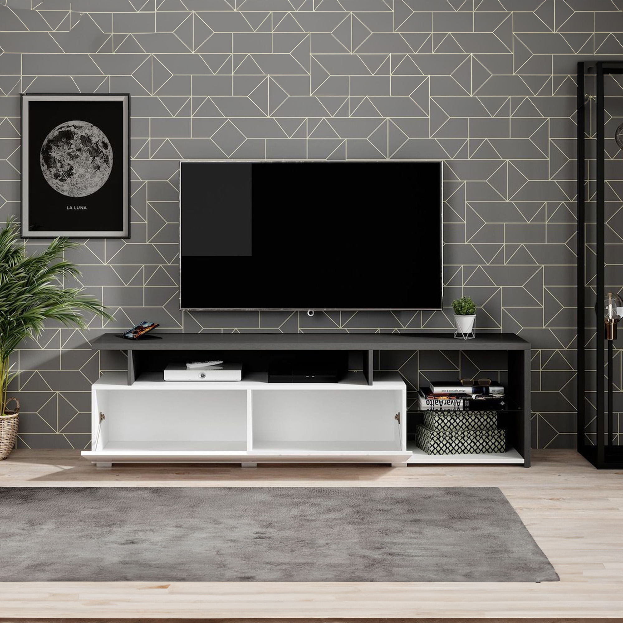 Movel-TV-ARCTIC---Branco-Brilho-e-Preto-Vulcano
