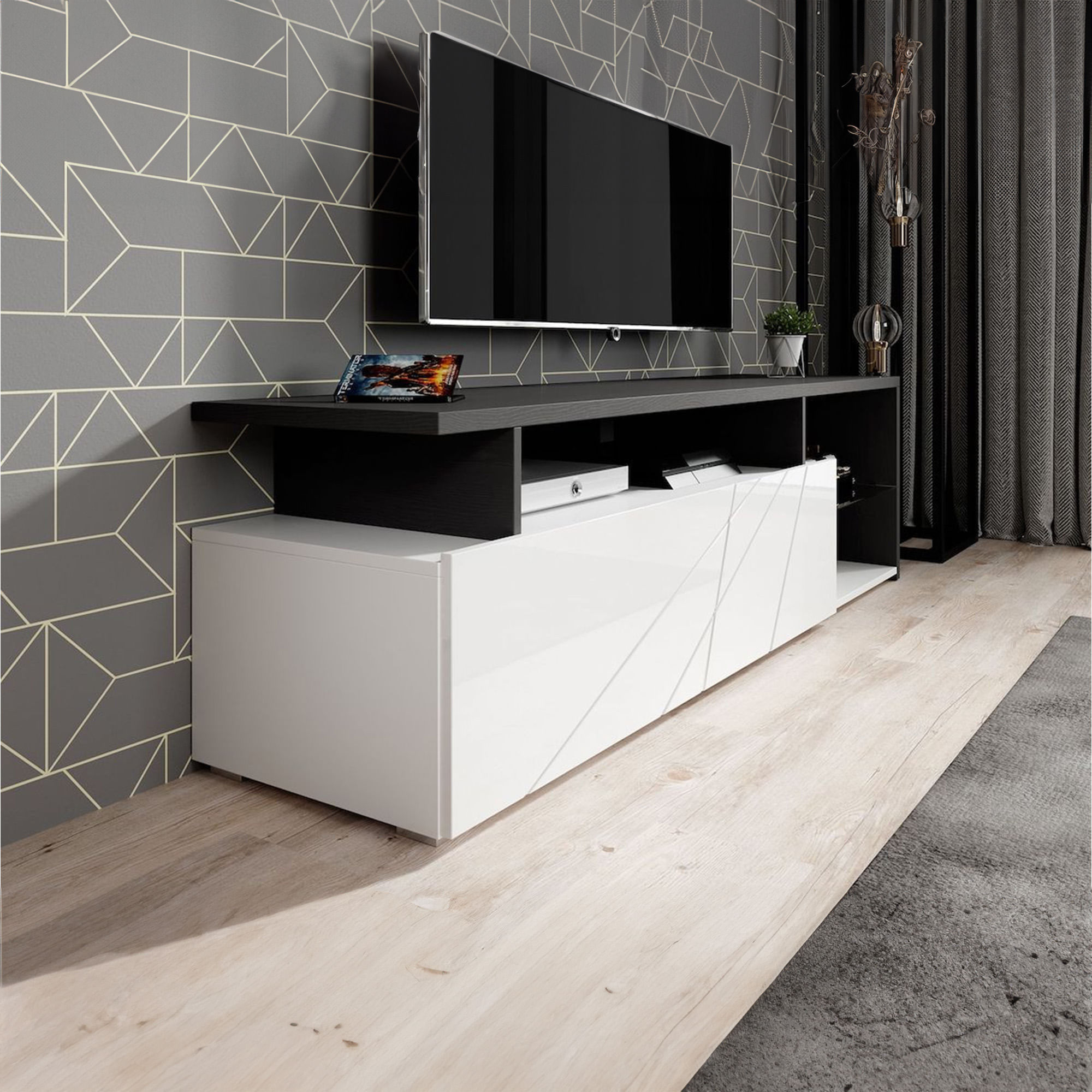 Movel-TV-ARCTIC---Branco-Brilho-e-Preto-Vulcano