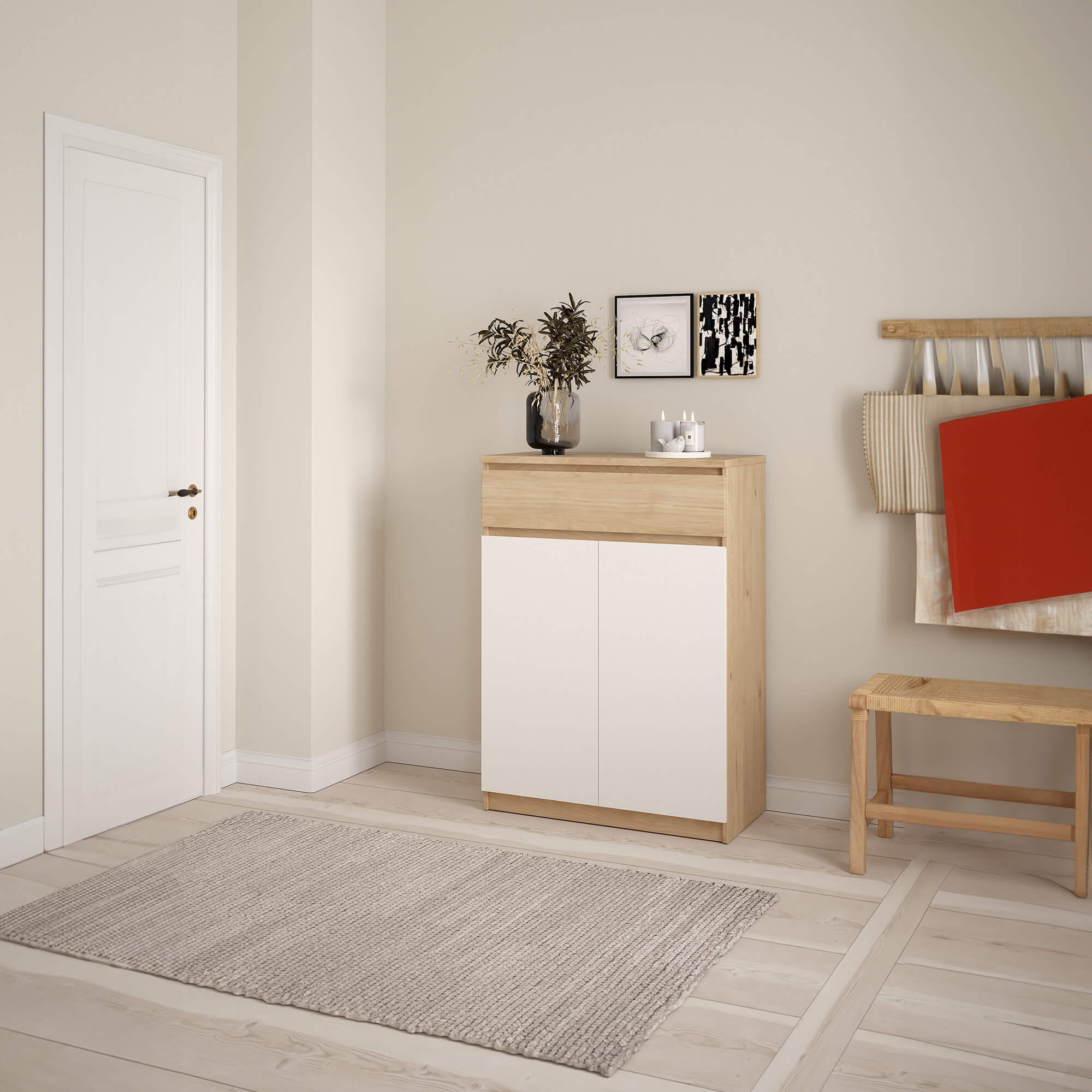 Sapateira-NEW-MATRIX-com-2-portas-e-1-gaveta---Carvalho-e-Branco