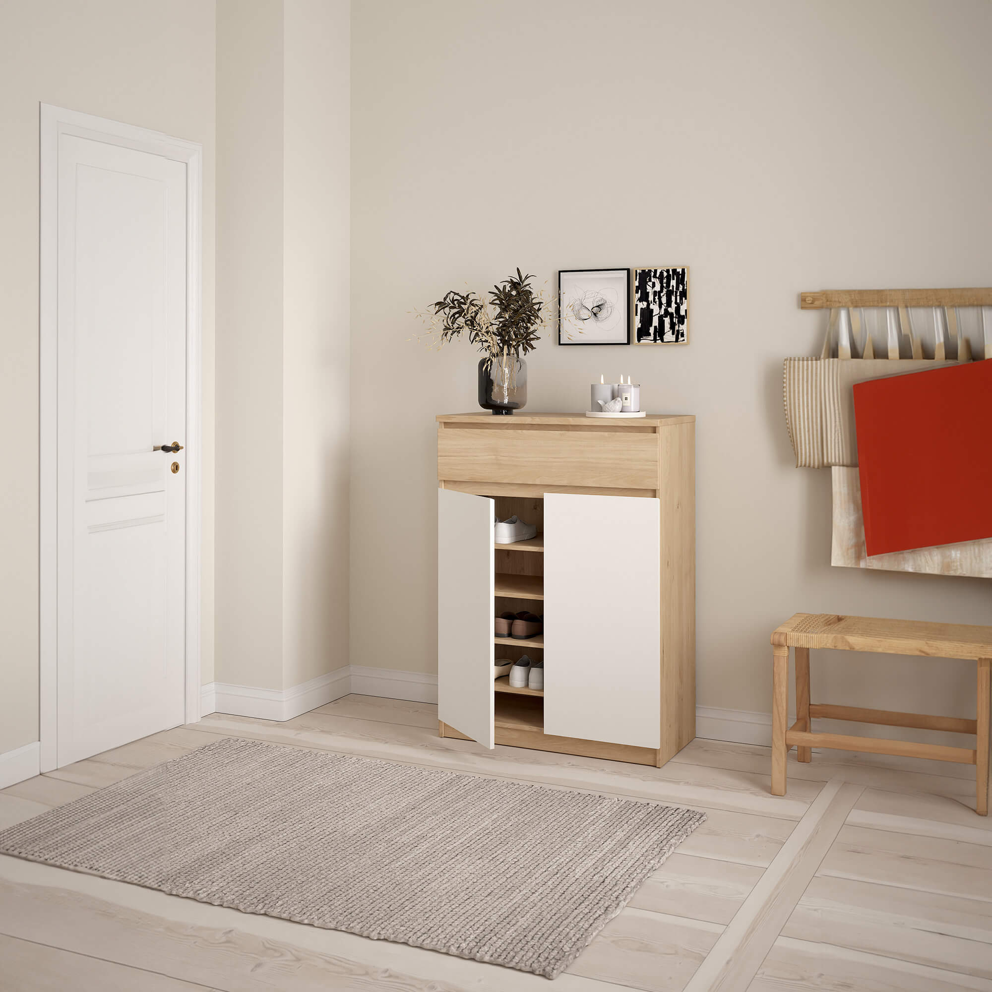 Sapateira-NEW-MATRIX-com-2-portas-e-1-gaveta---Carvalho-e-Branco