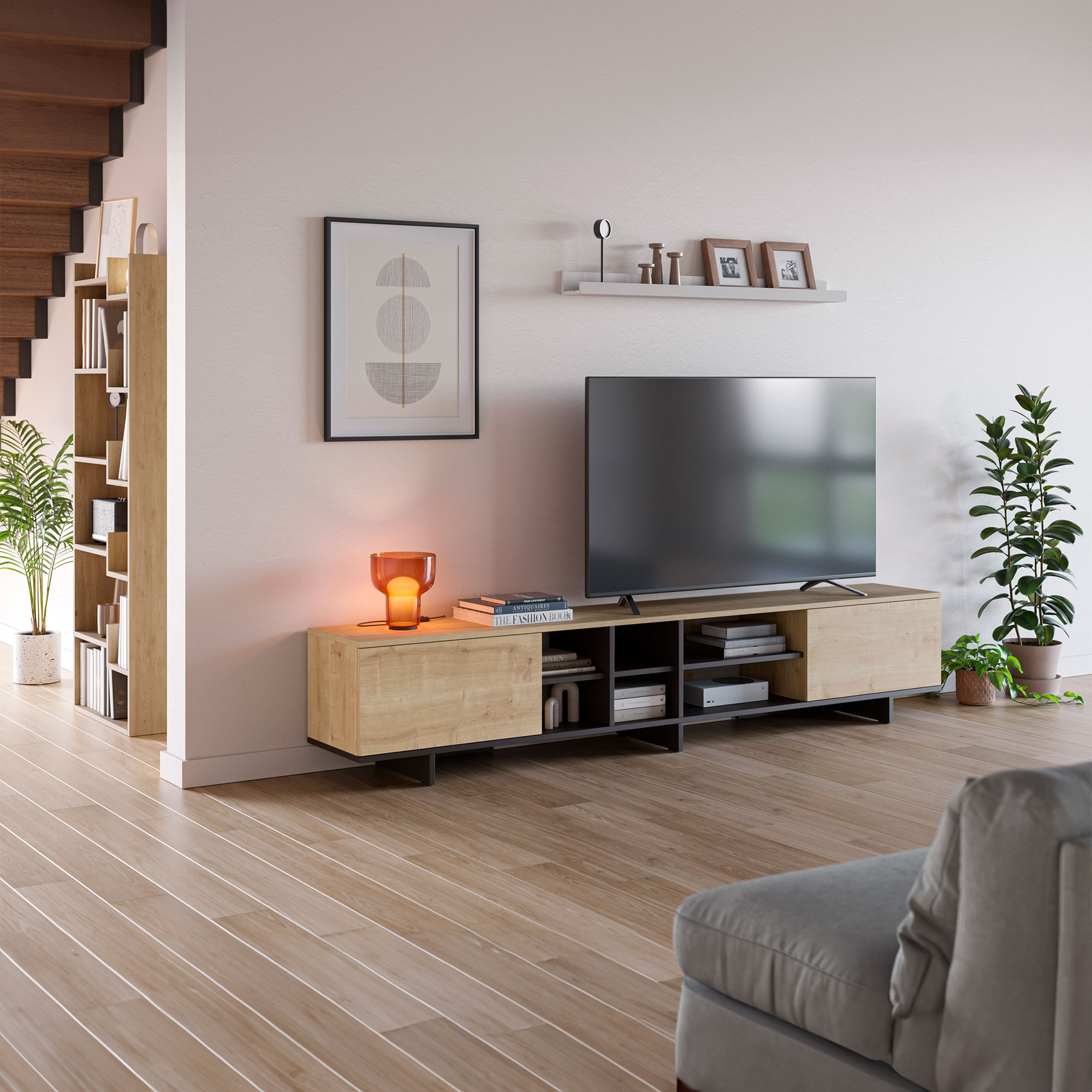 Movel-TV-CEQUOIA--230cm----Carvalho-Artesanato-e-Antracite