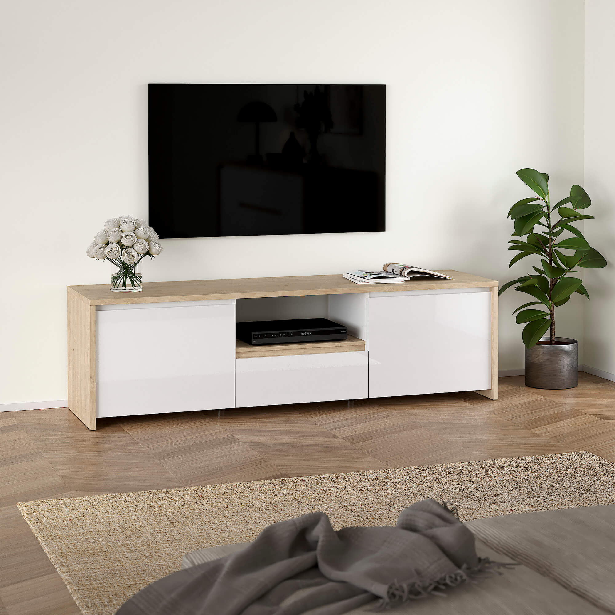 Movel-TV-NEXT-com-2-portas-e-1-gaveta---Carvalho-e-Branco-Brilho