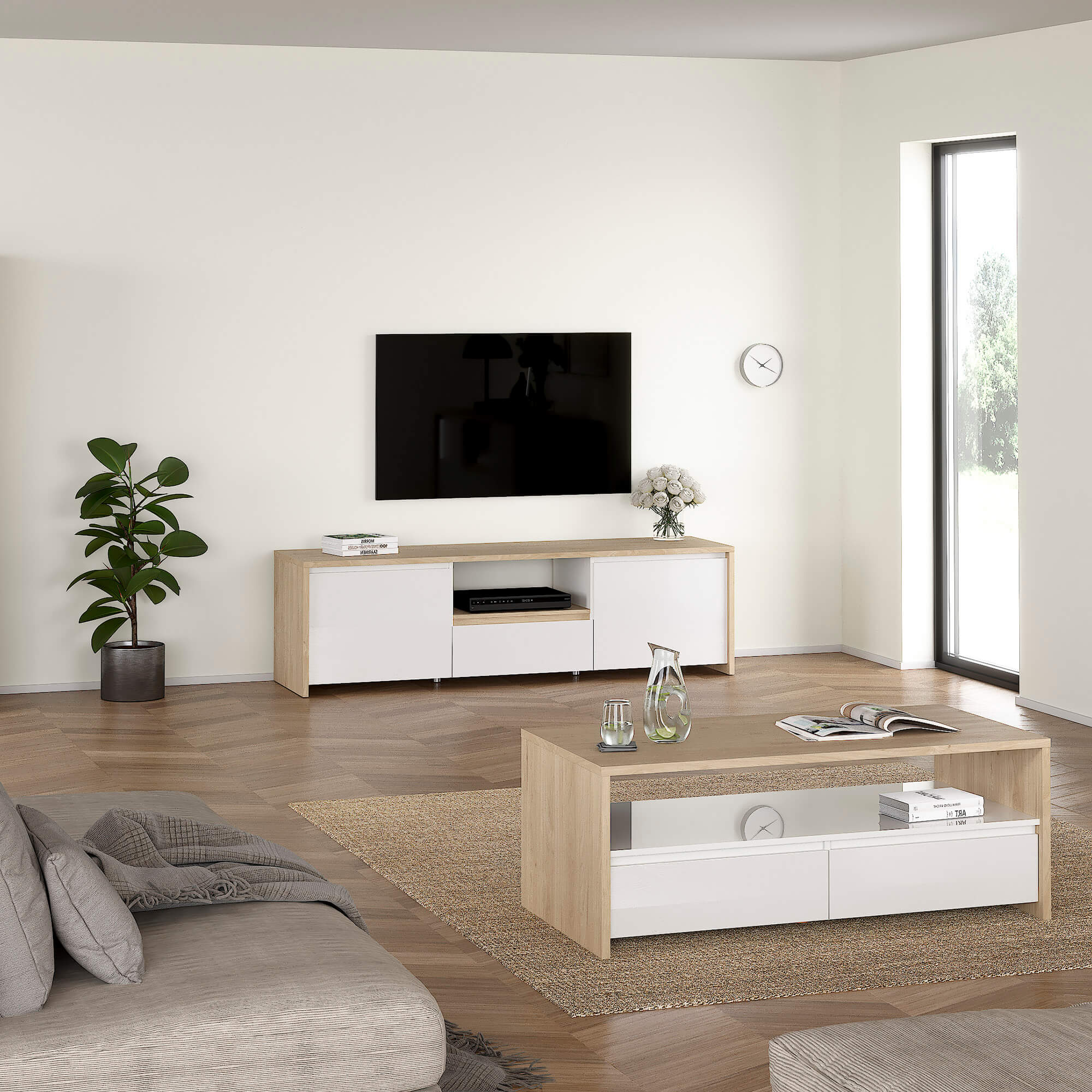 Movel-TV-NEXT-com-2-portas-e-1-gaveta---Carvalho-e-Branco-Brilho