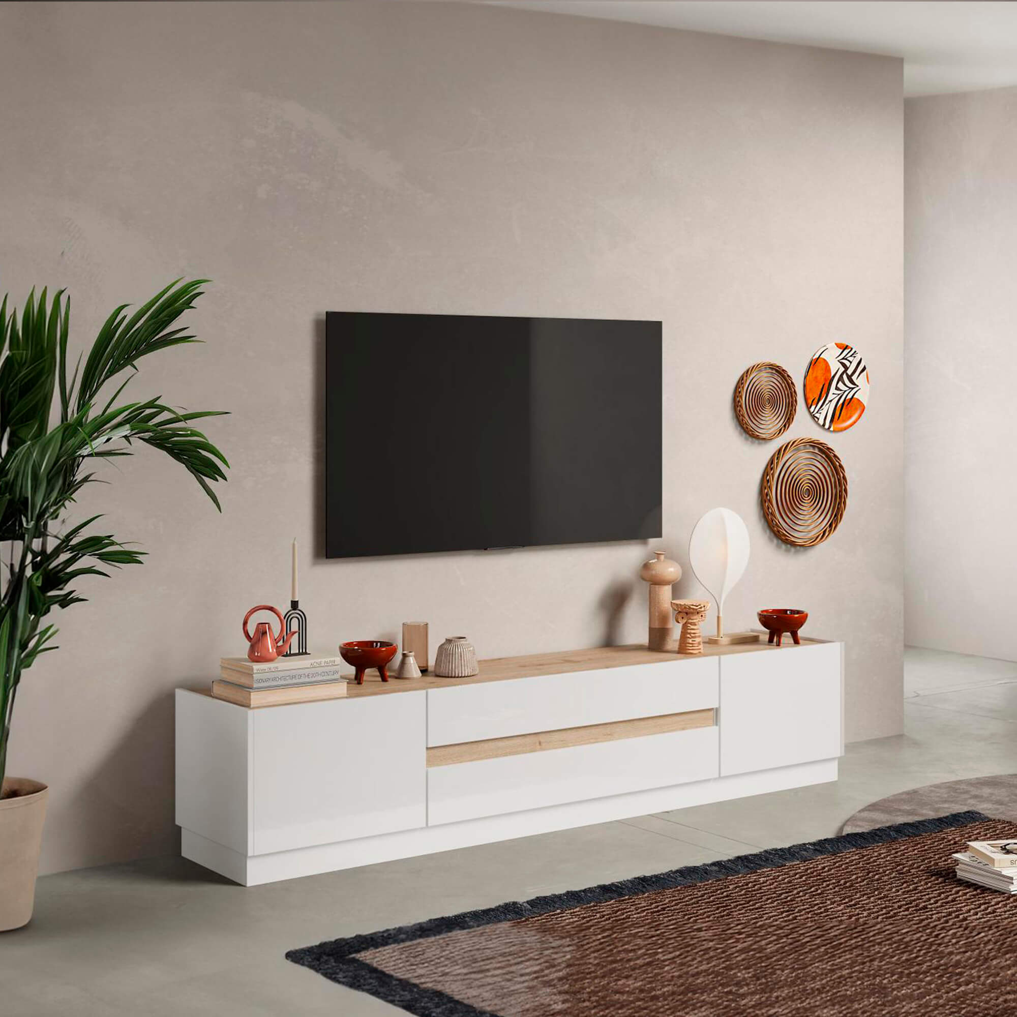 Movel-TV-FANTASY-com-2-portas-e-2-gavetas---Branco-e-Carvalho