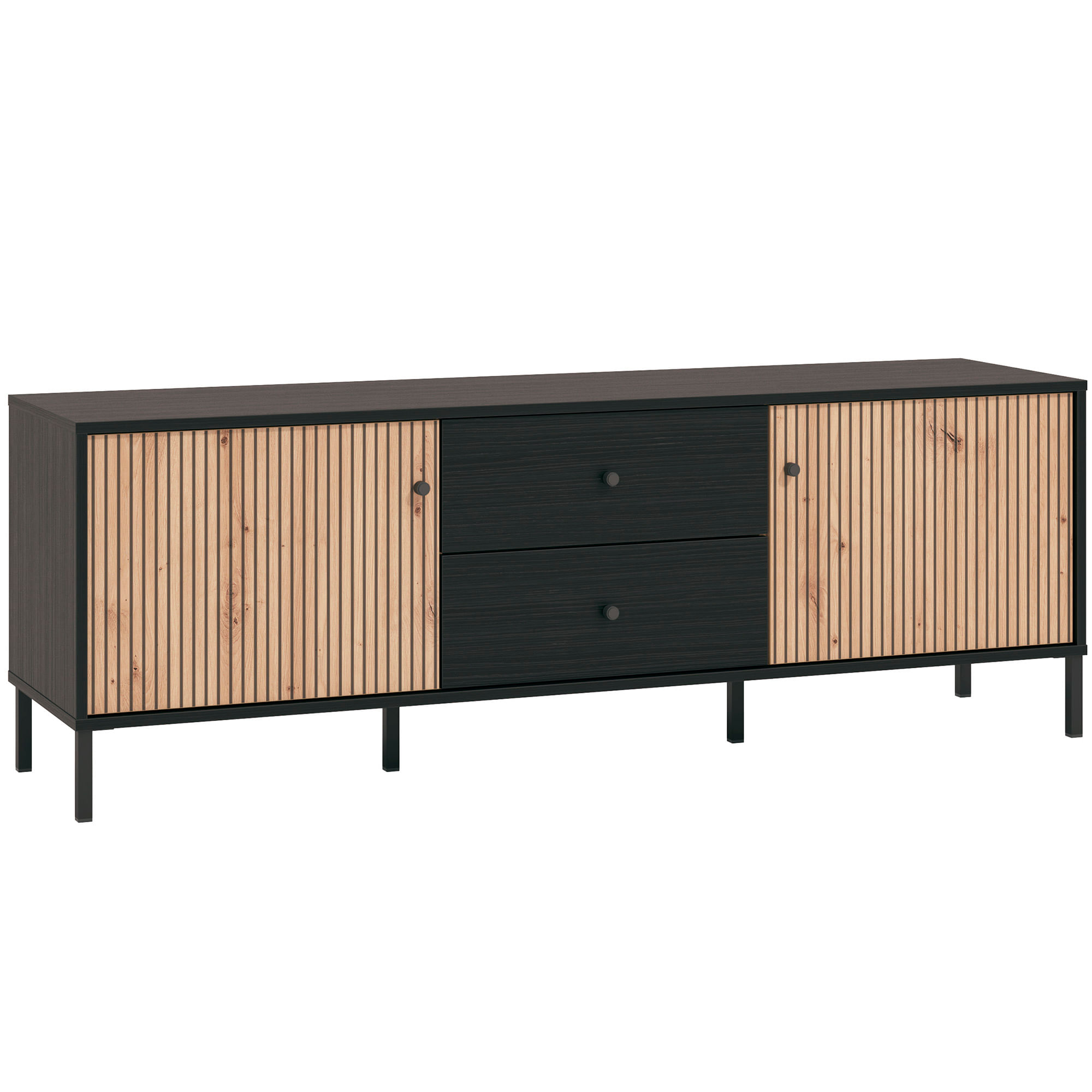 Movel-TV-CORREZE-com-2-portas-e-2-gavetas---Carvalho-Artesanato-e-Preto-Mate