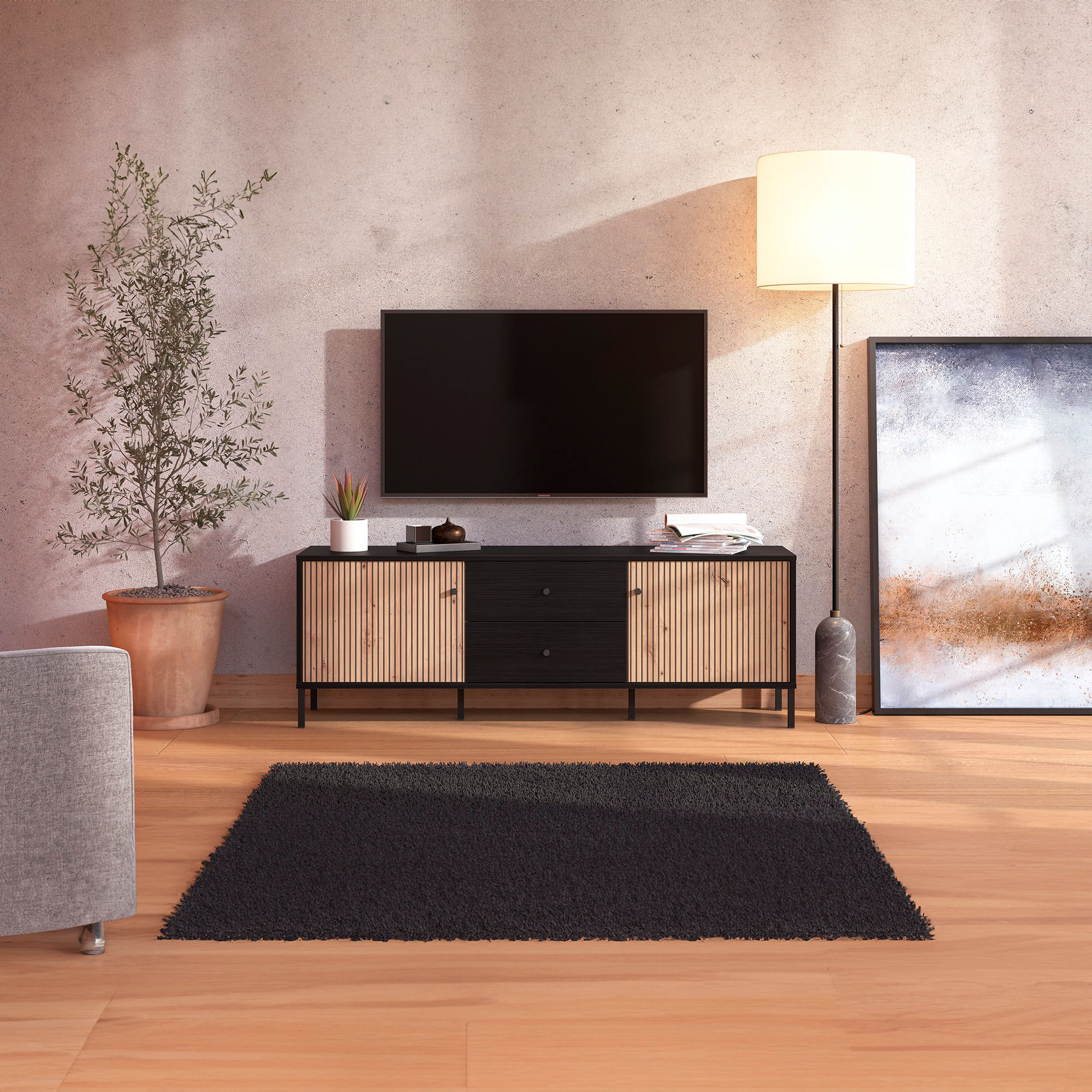 Movel-TV-CORREZE-com-2-portas-e-2-gavetas---Carvalho-Artesanato-e-Preto-Mate