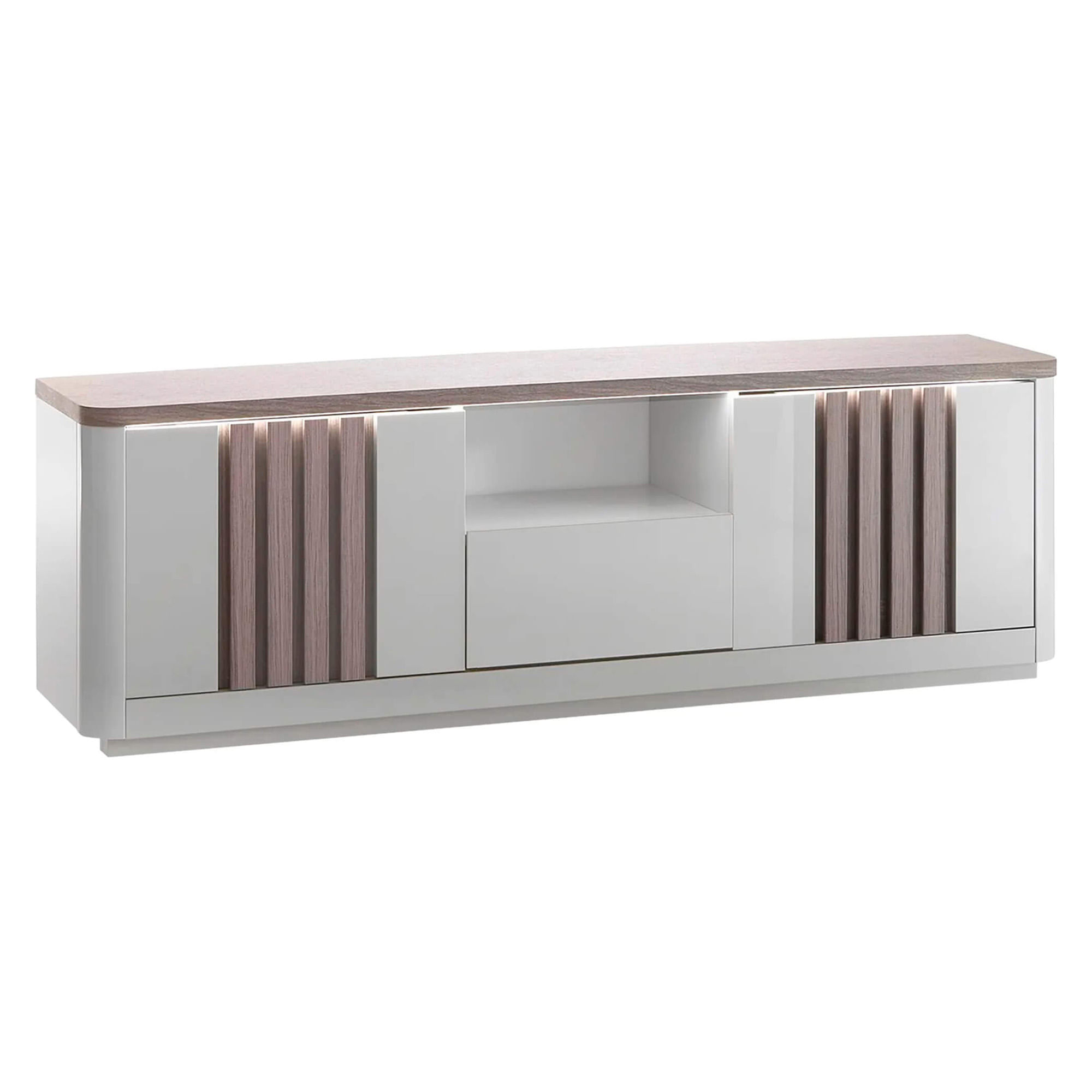 Movel-TV-PESARO-com-2-portas-e-1-gaveta---LED---Cinza-Brilho-e-Carvalho-Cinza