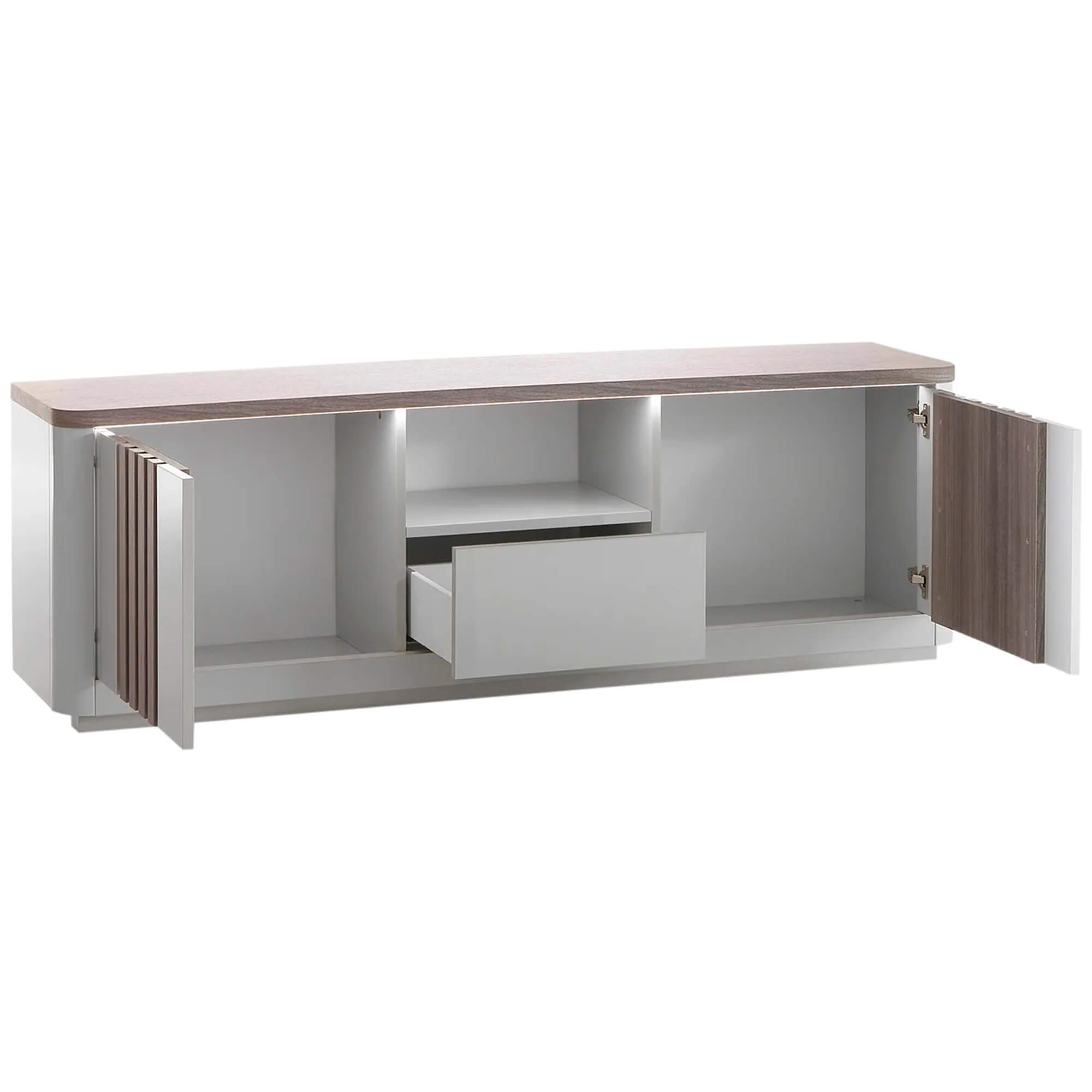 Movel-TV-PESARO-com-2-portas-e-1-gaveta---LED---Cinza-Brilho-e-Carvalho-Cinza