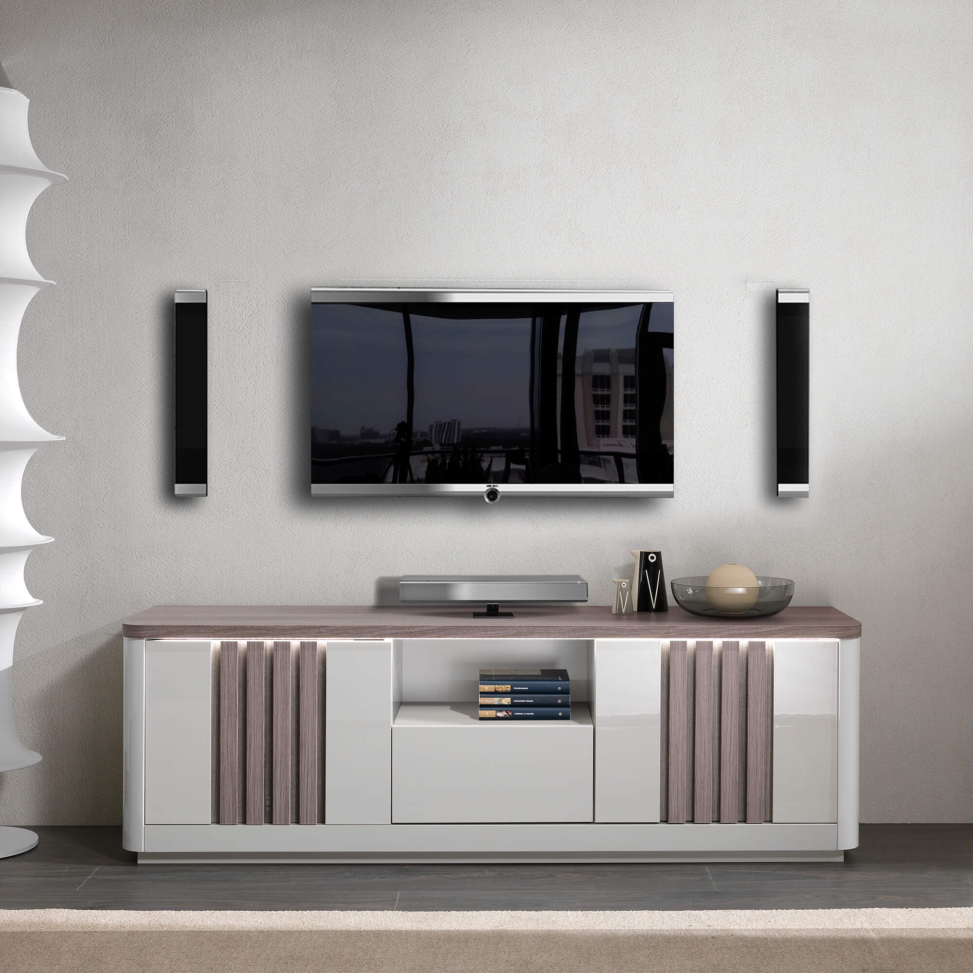 Movel-TV-PESARO-com-2-portas-e-1-gaveta---LED---Cinza-Brilho-e-Carvalho-Cinza