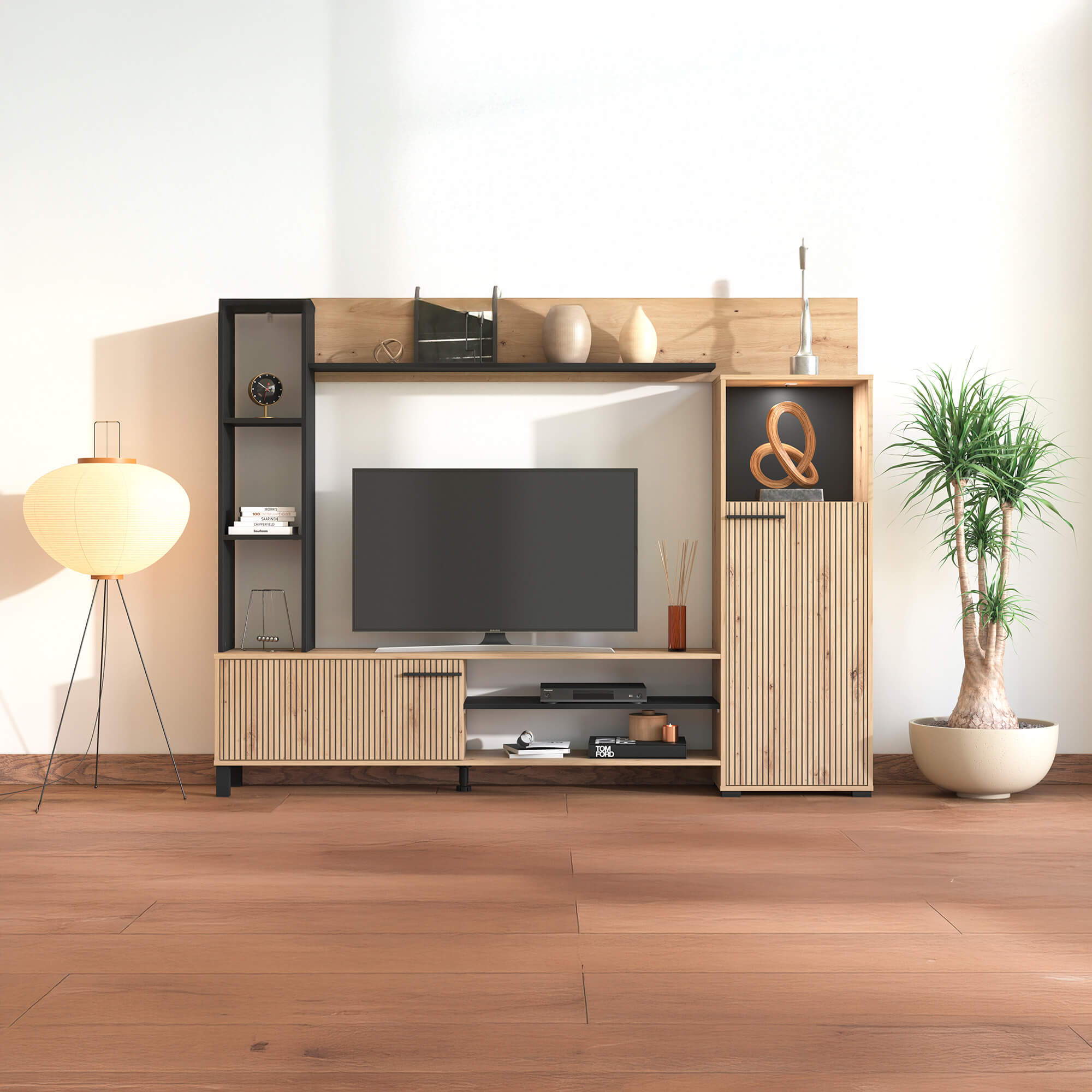 Estante-TV-RETIMNO-com-2-portas-e-6-prateleiras-Carvalho-Artesanato-e-Preto