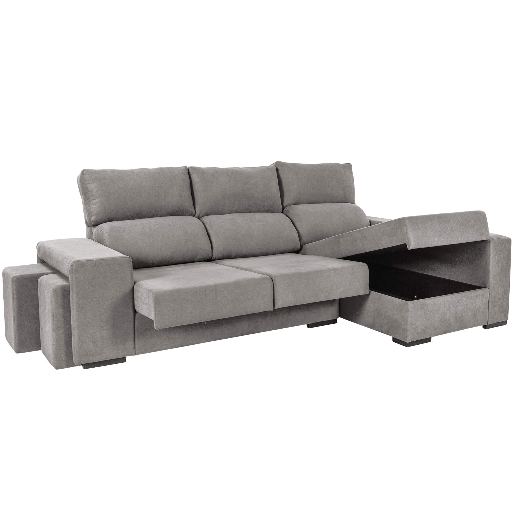 Sofa-chaise-longue-MARBELLA-com-bau-e-puffs---Direita---Cinzento-Claro