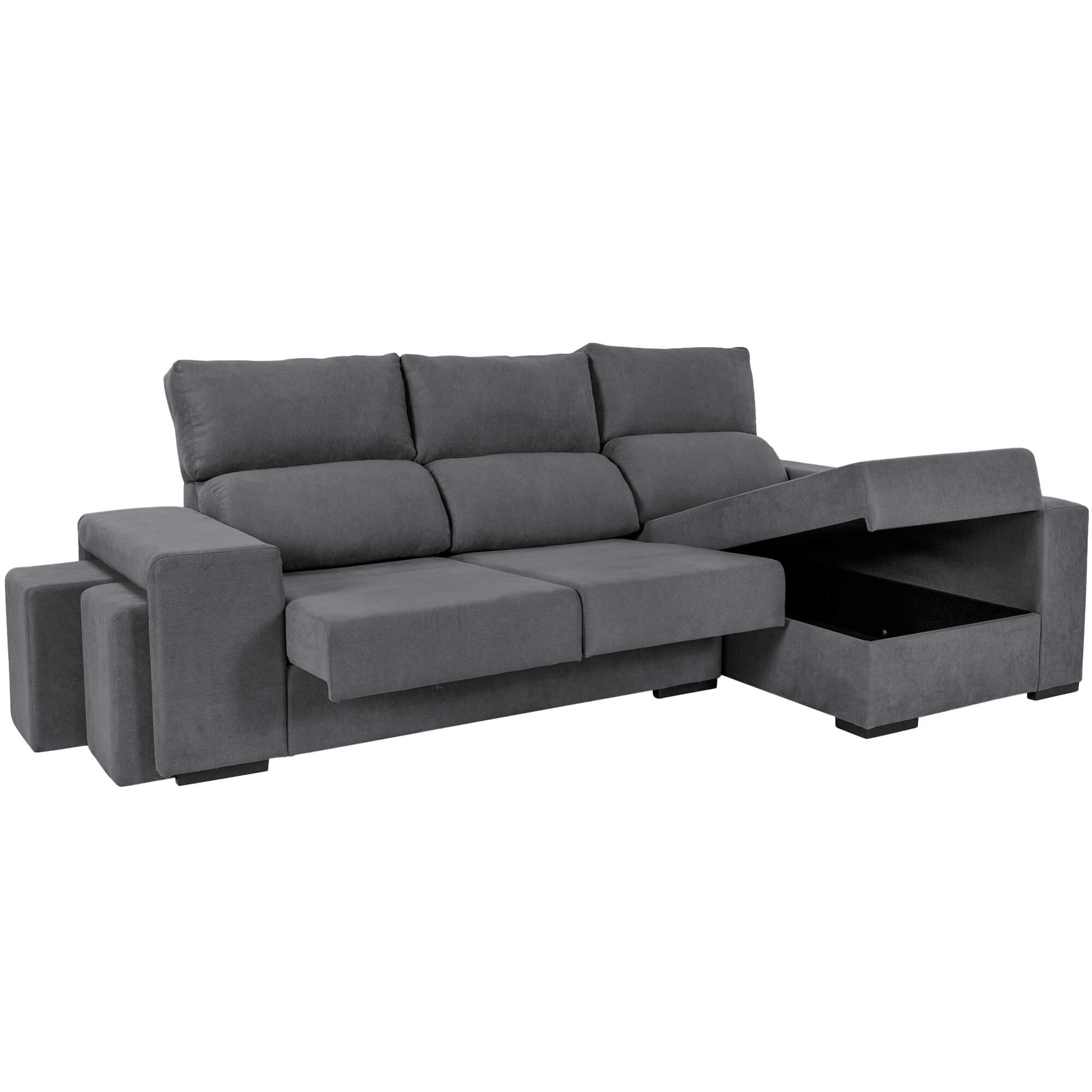 Sofa-chaise-longue-MARBELLA-com-bau-e-puffs---Direita---Cinzento-Escuro