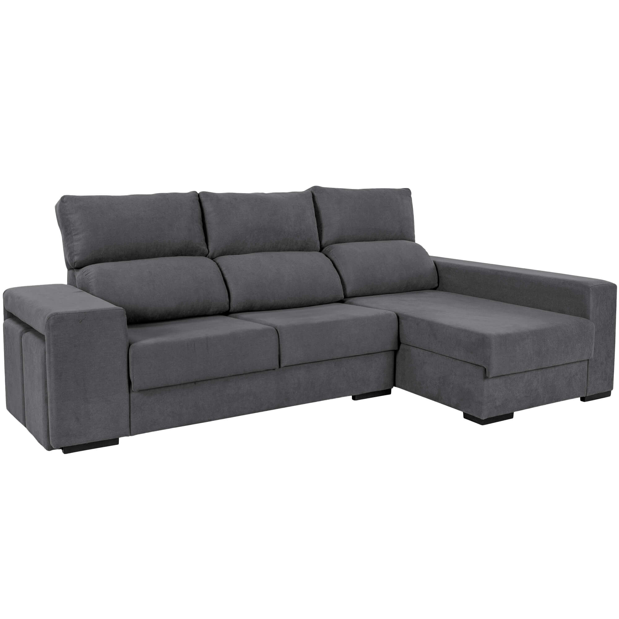 Sofa-chaise-longue-MARBELLA-com-bau-e-puffs---Direita---Cinzento-Escuro