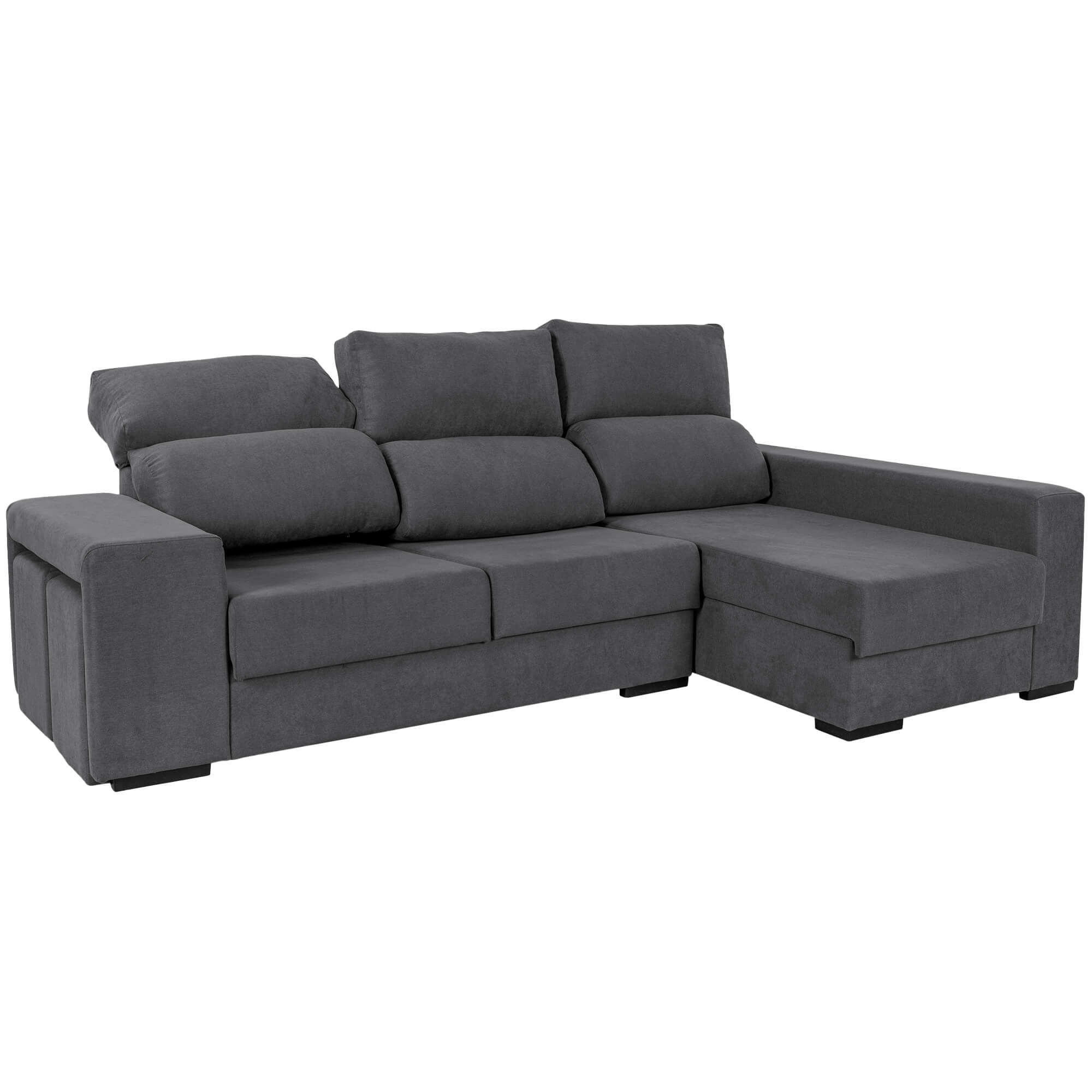 Sofa-chaise-longue-MARBELLA-com-bau-e-puffs---Direita---Cinzento-Escuro