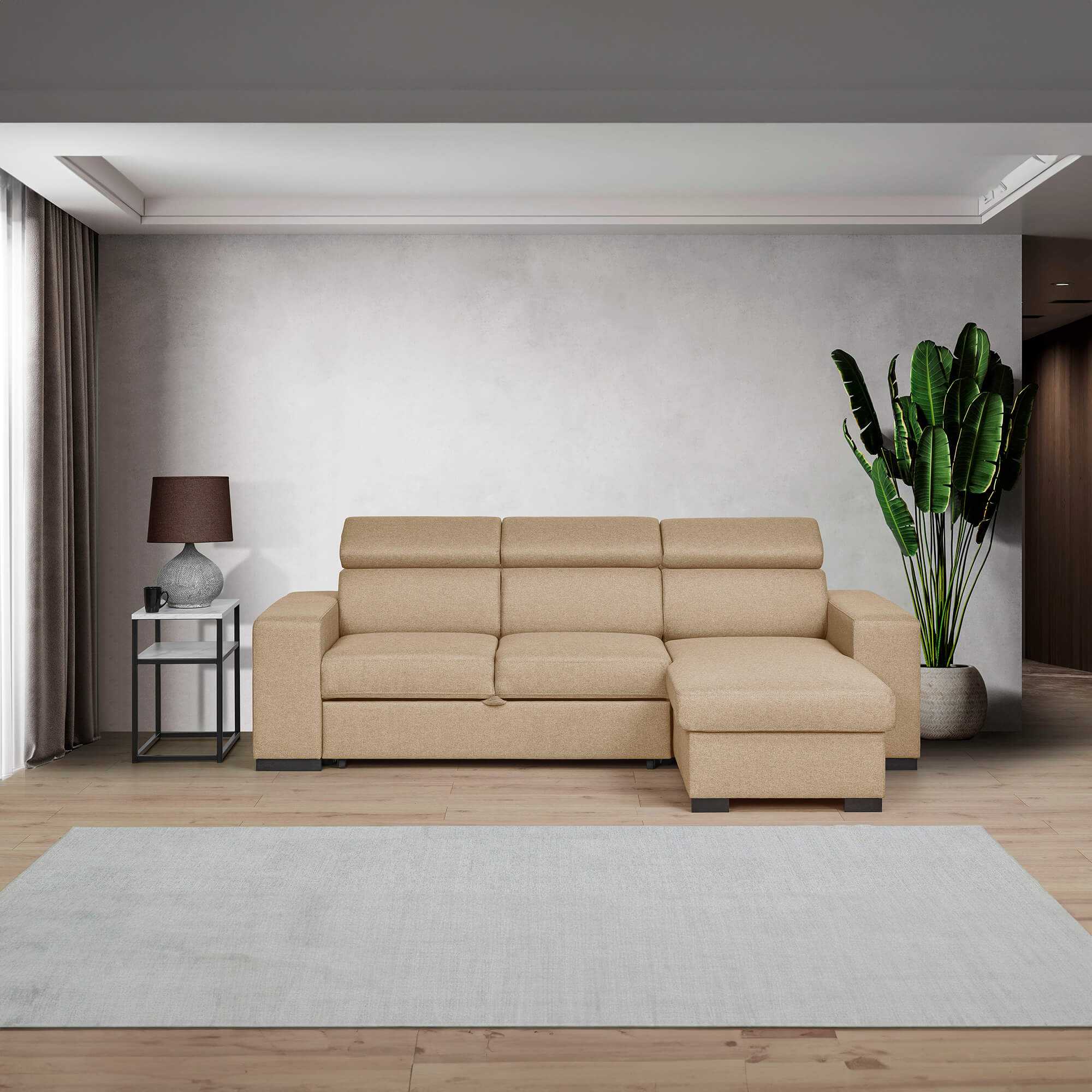 Sofa-chaise-longue-reversivel-JORDAN-II-com-cama-bau-e-puffs-Bege---Reversivel