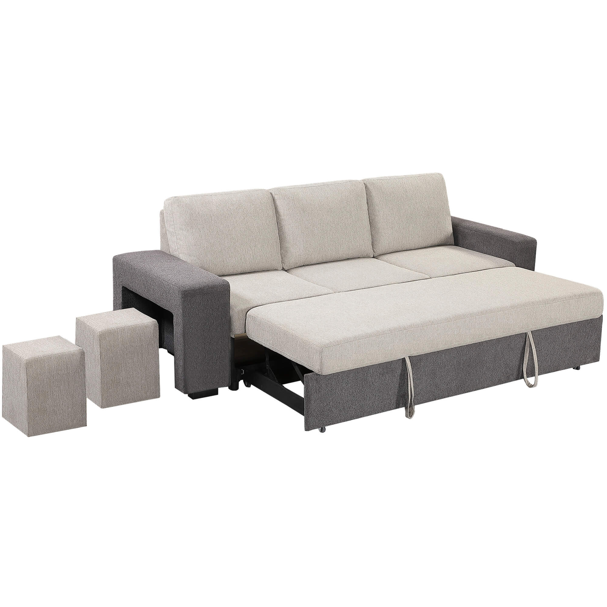 Sofa-3-lugares-SUSAN-II-com-cama-e-puffs-Cinzento-e-Bege