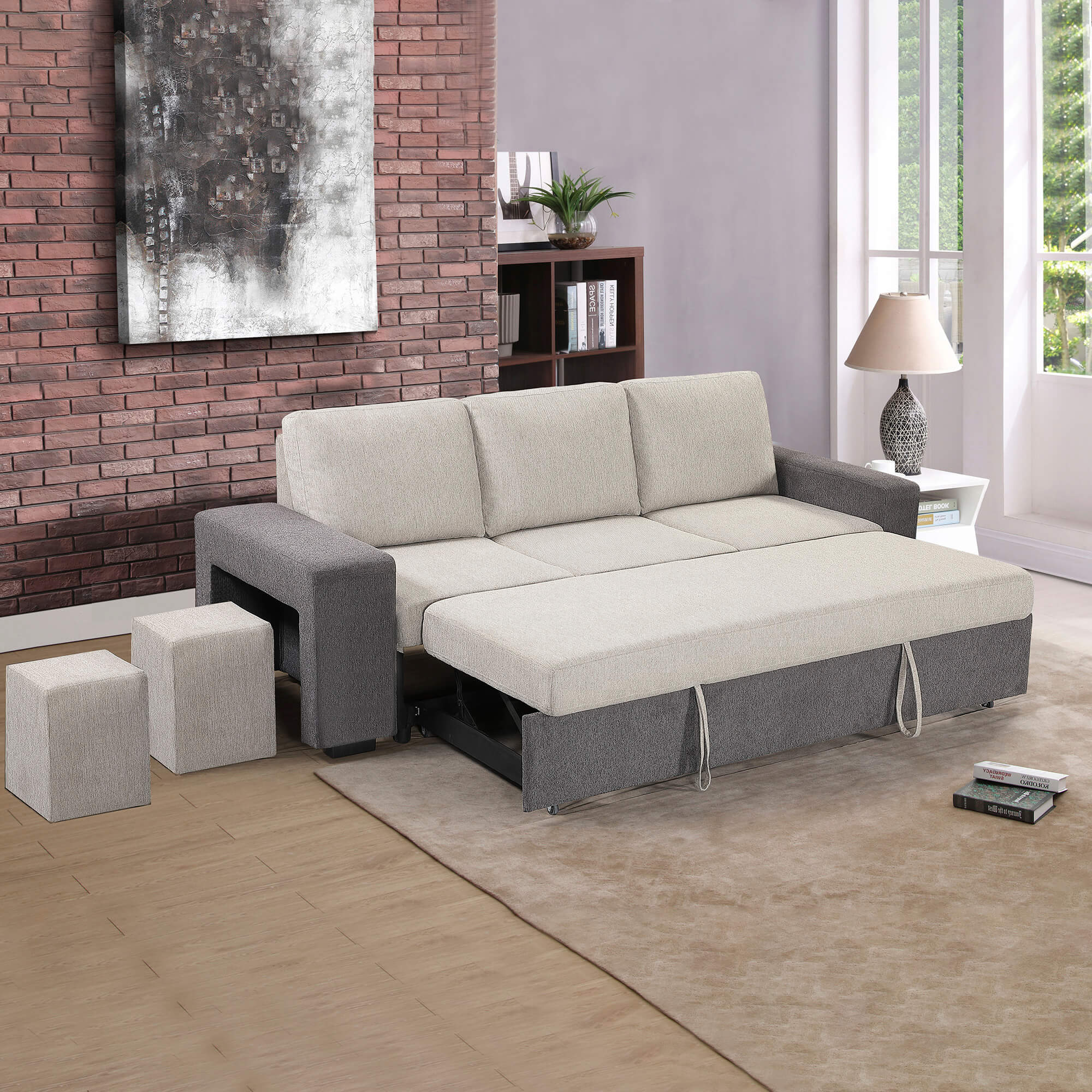 Sofa-3-lugares-SUSAN-II-com-cama-e-puffs-Cinzento-e-Bege