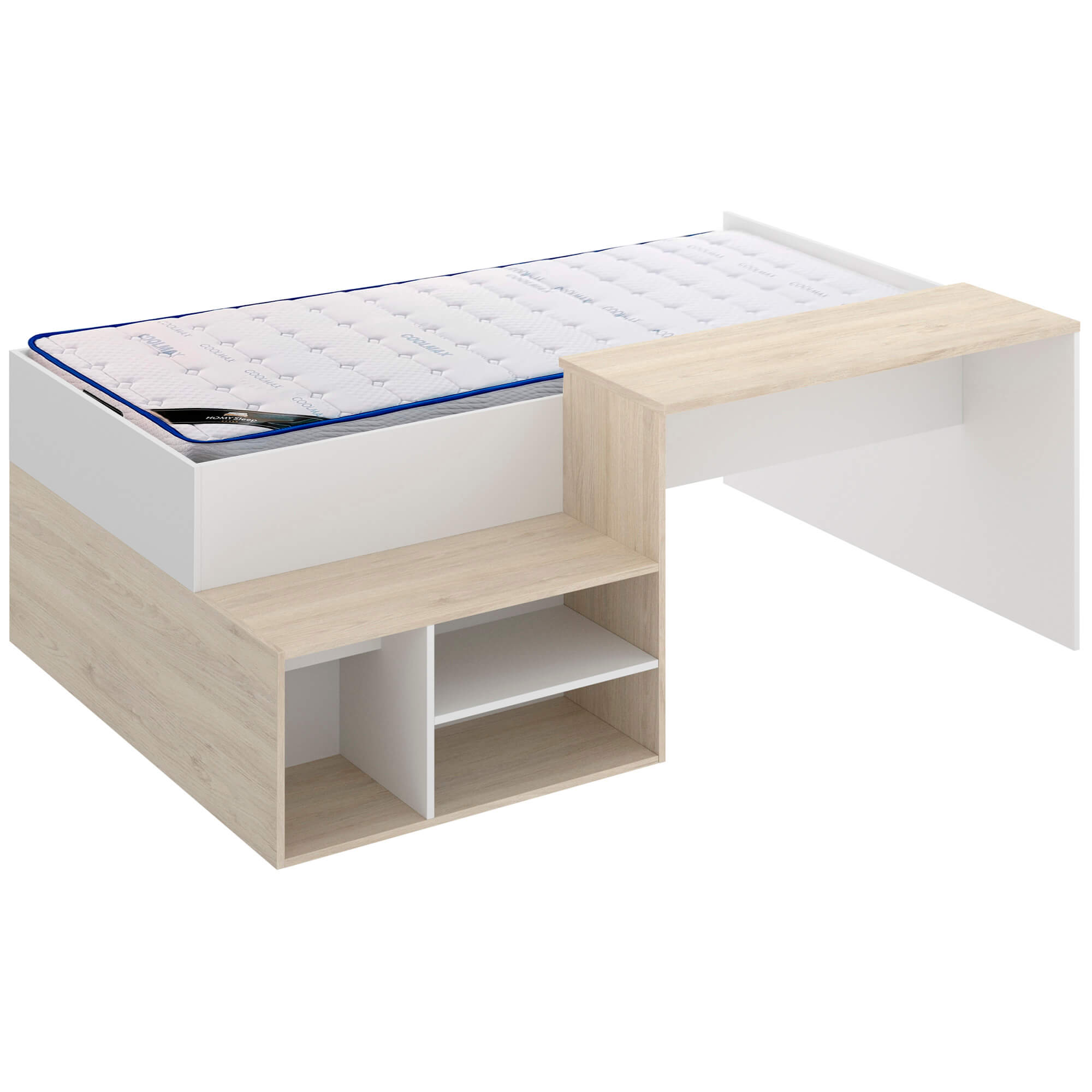 Pack-cama-alta-ERICK---colchao-SPRING-ROLLER---Branco-e-carvalho