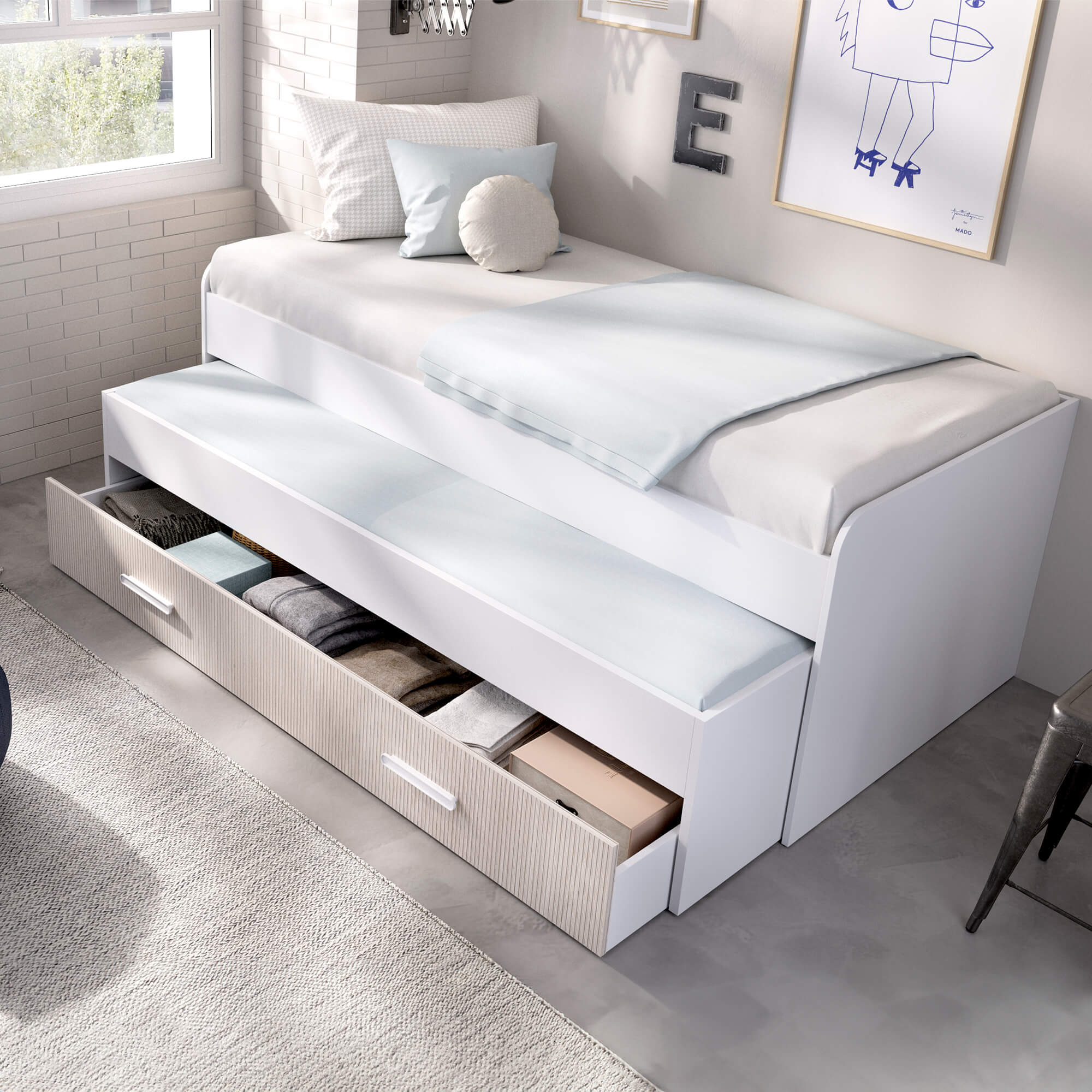 Pack-cama-nido-PENA---colchao-SPRING-ROLLER---colchao-KID-ROLLER----Natura-e-Branco