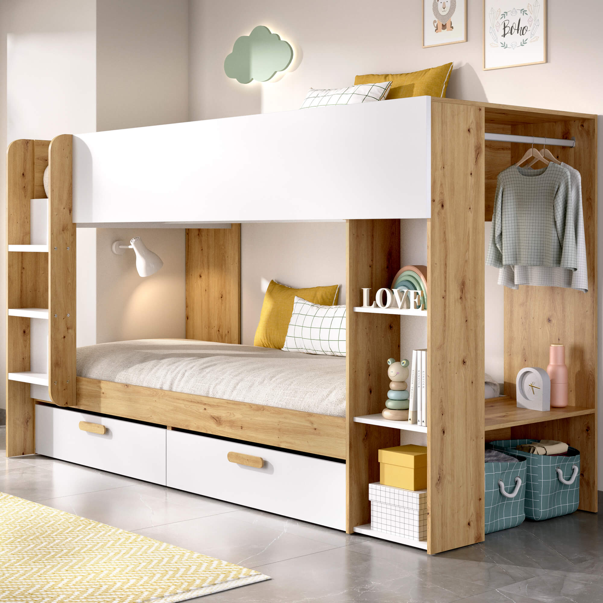Pack-beliche-MARVEL---2-colchoes-SPRING-ROLLER---Carvalho-artesanato-e-branco