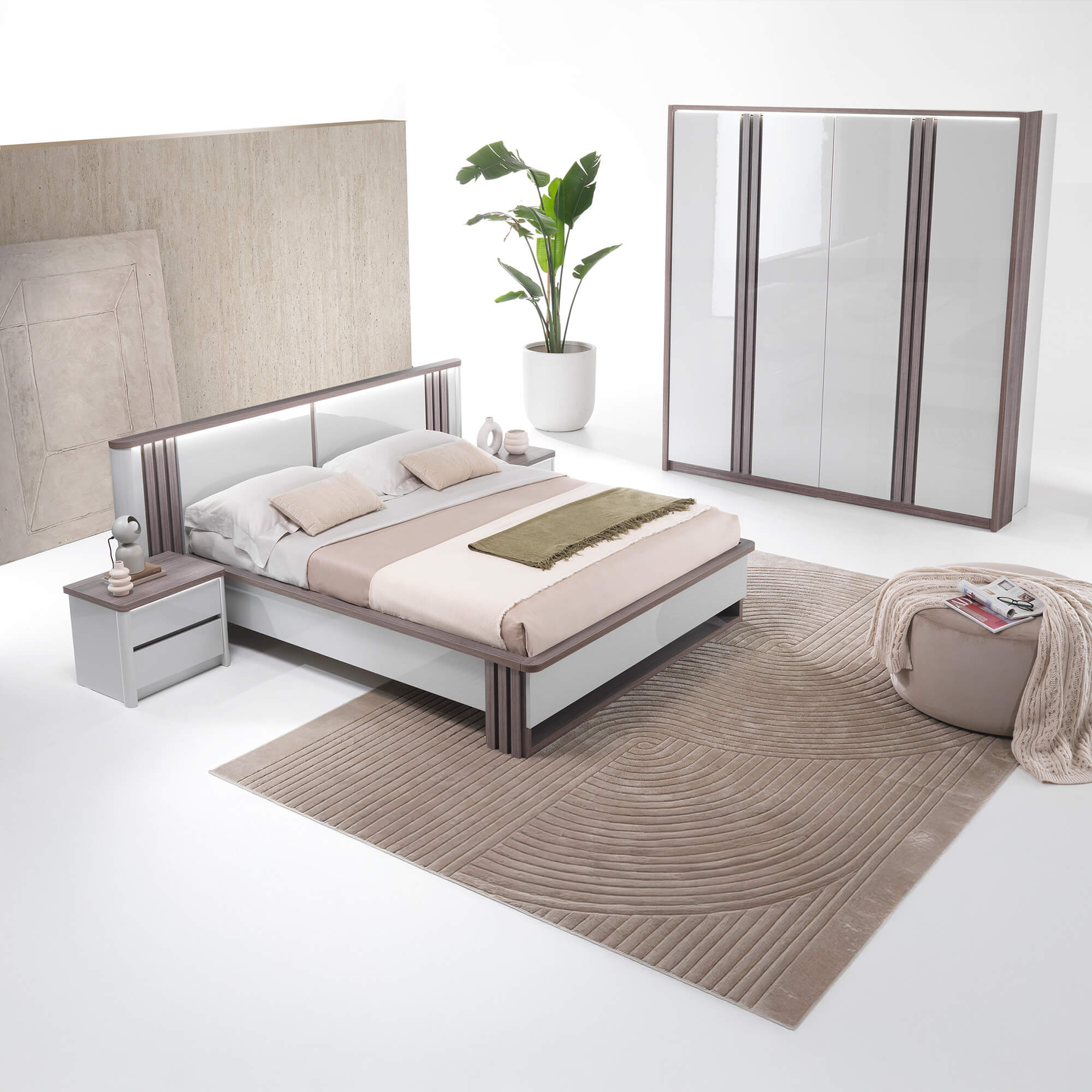 Pack-quarto-de-casal-PESARO-com-LED-Cinza-Brilho-e-Carvalho-Cinza---160x200cm