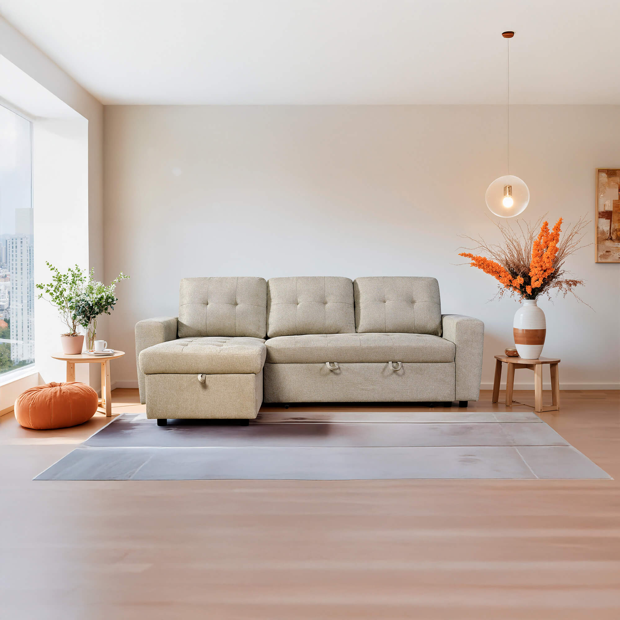 Sofa-chaise-longue-reversivel-FABIANA-II-com-cama-e-bau---Bege
