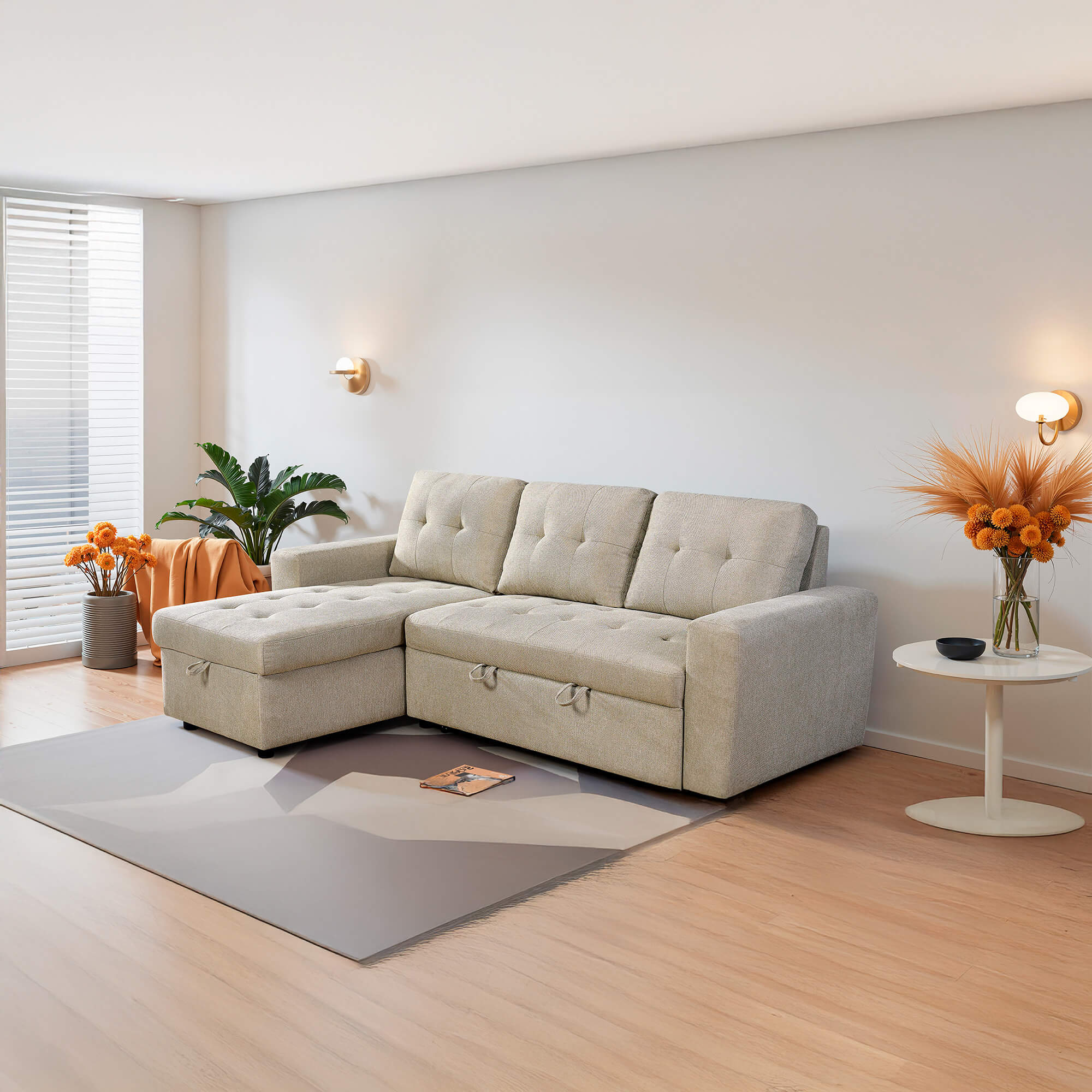 Sofa-chaise-longue-reversivel-FABIANA-II-com-cama-e-bau---Bege