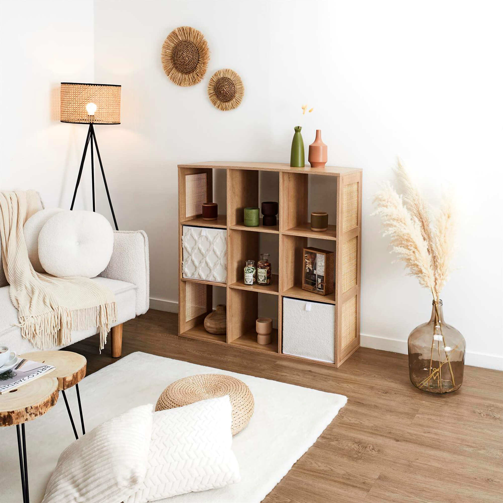 Estante-BALI-com-9-cubos-Carvalho-e-Rattan