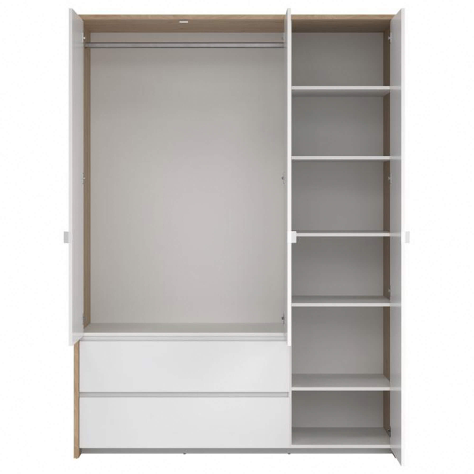 Roupeiro-NEXT-com-3-portas-e-2-gavetas---Carvalho-e-Branco-Brilho