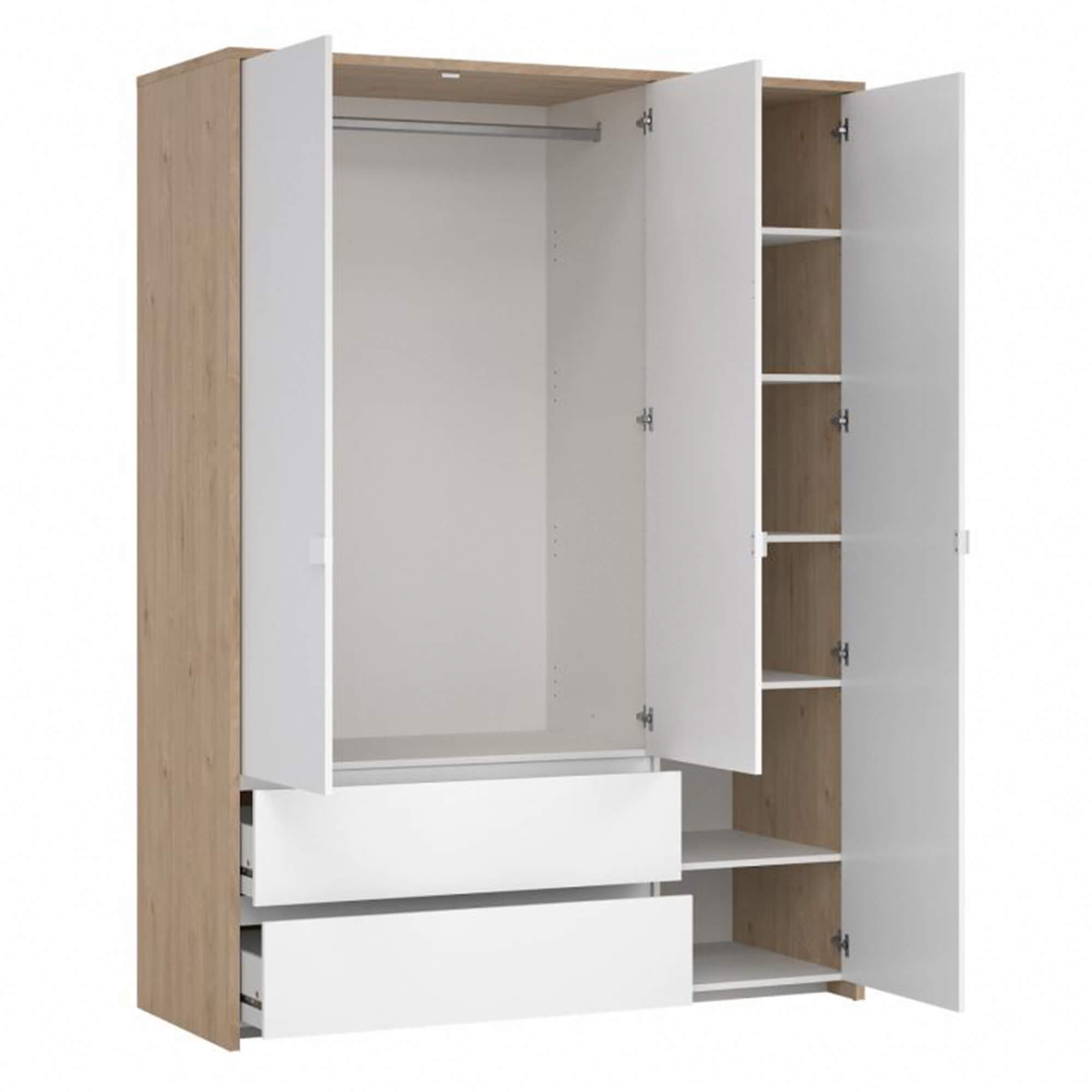 Roupeiro-NEXT-com-3-portas-e-2-gavetas---Carvalho-e-Branco-Brilho