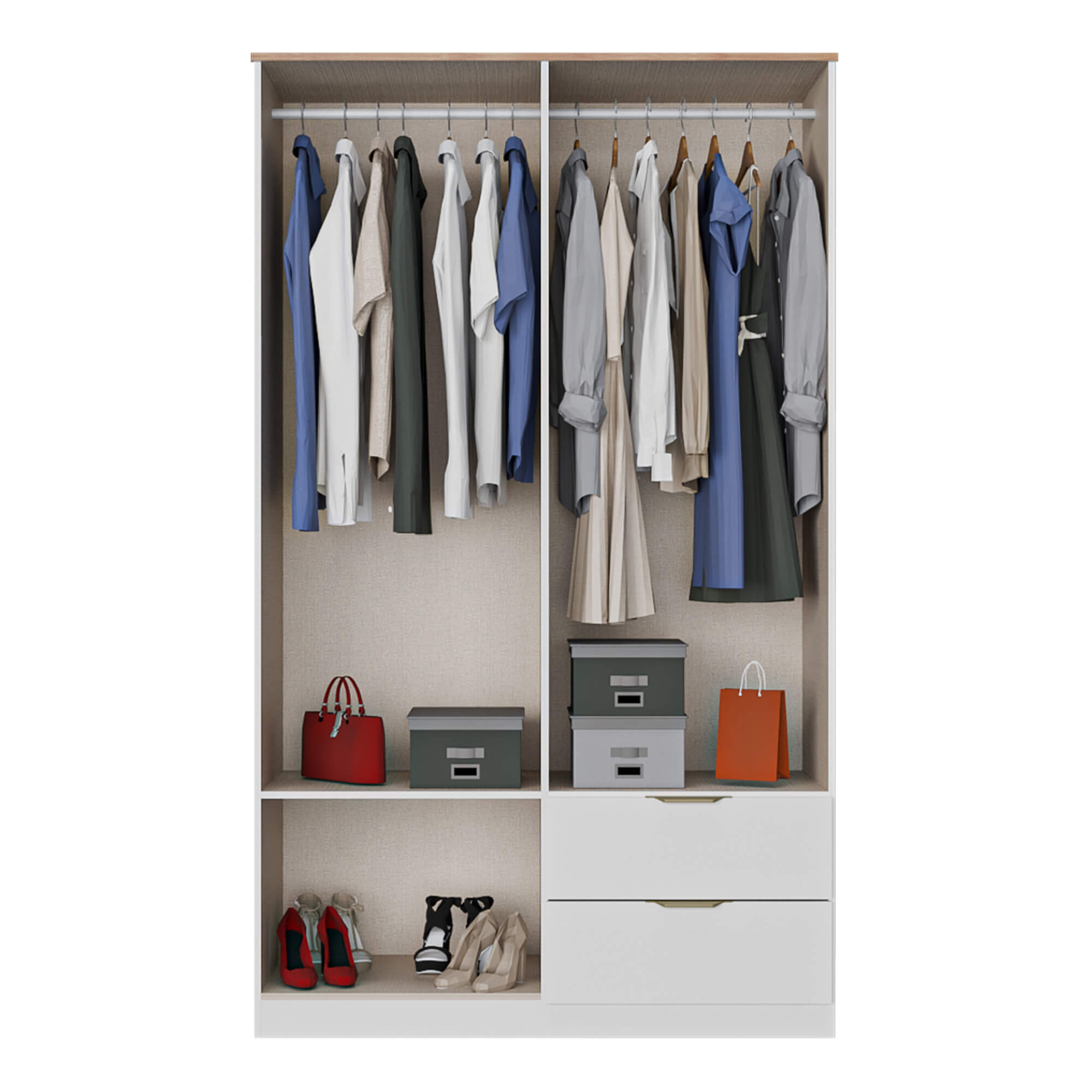 Roupeiro-ALENA-com-4-portas-e-2-gavetas--Branco-Brilho-e-Carvalho-Artesanato