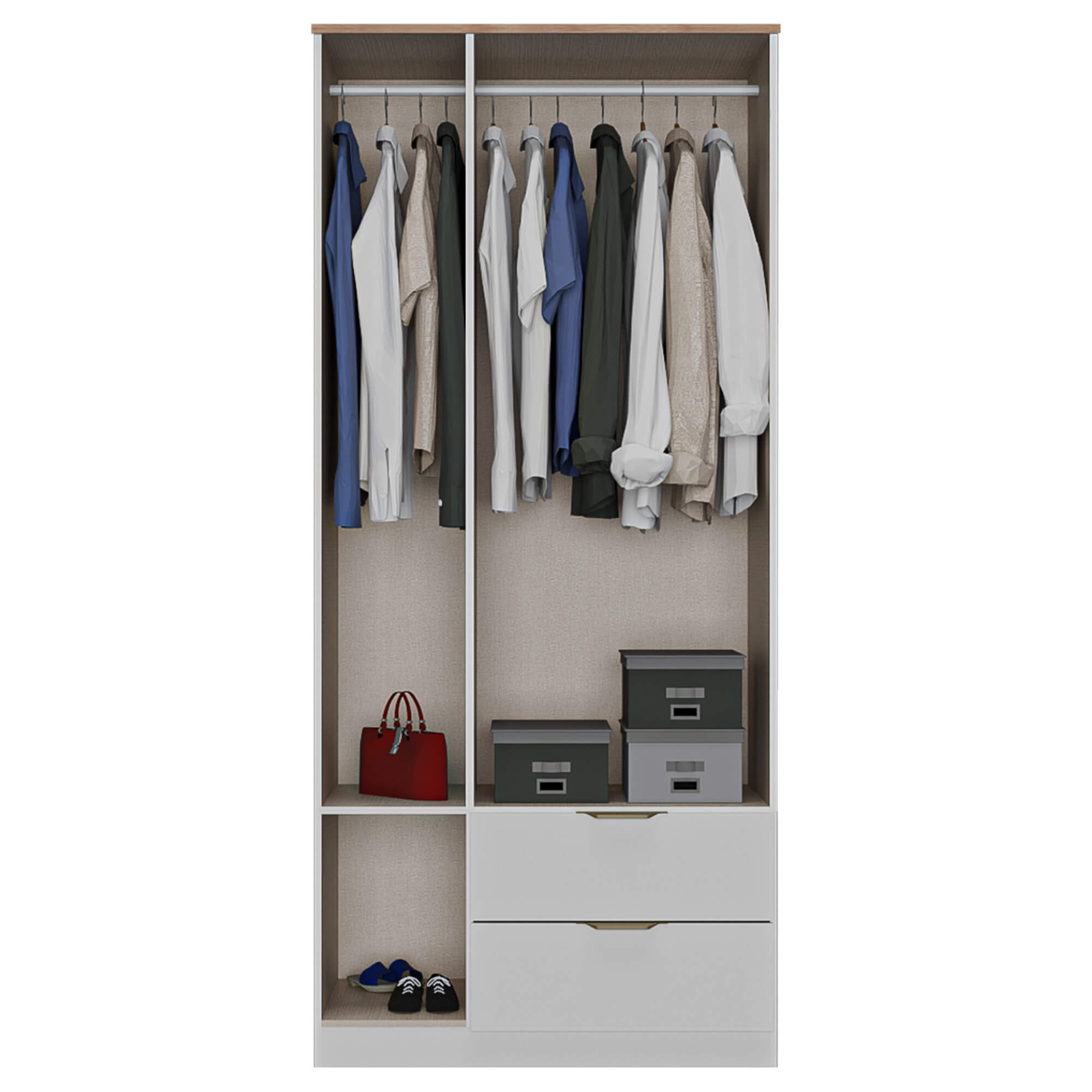 Roupeiro-ALENA-com-3-portas-e-2-gavetas--Branco-Brilho-e-Carvalho-Artesanato