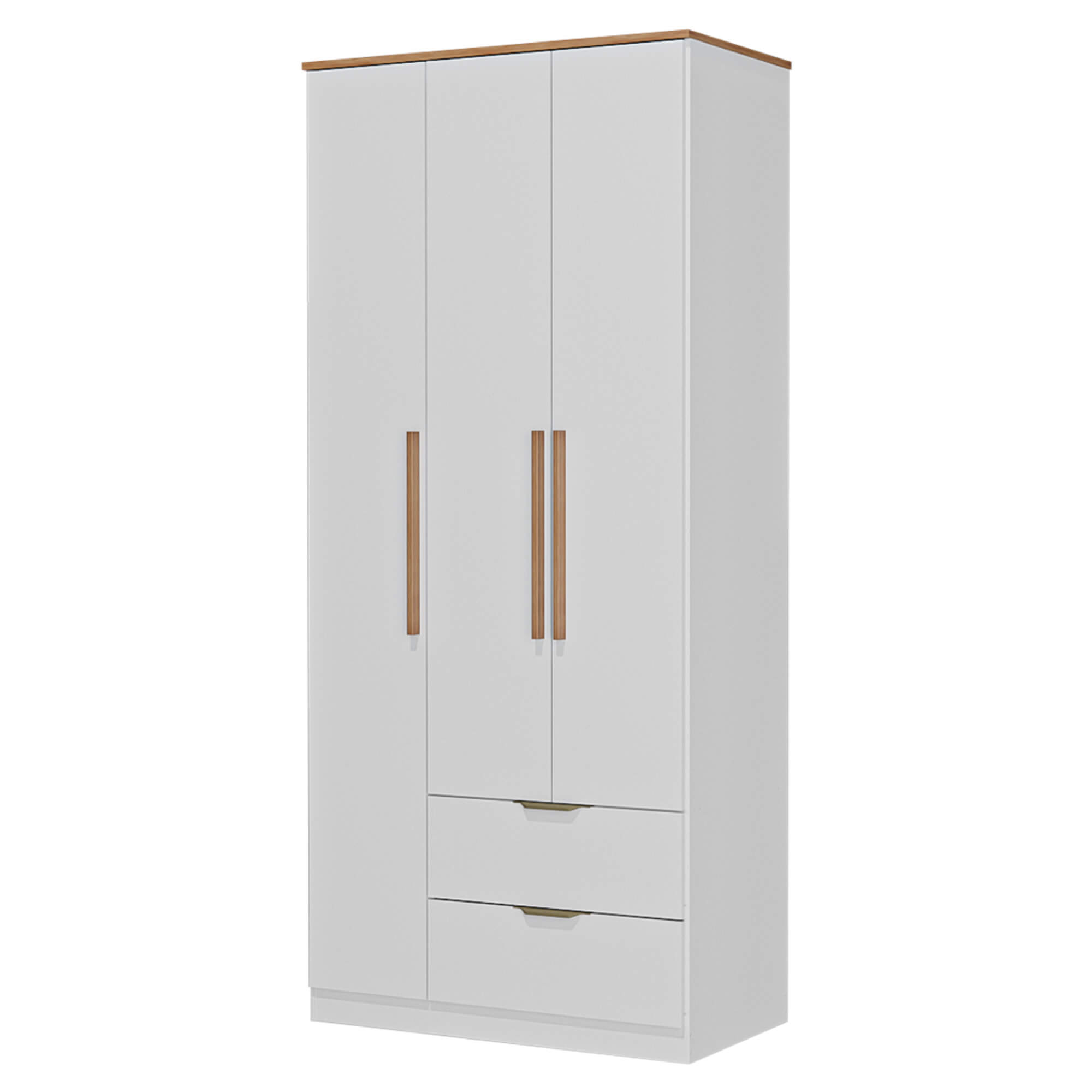 Roupeiro-ALENA-com-3-portas-e-2-gavetas--Branco-Brilho-e-Carvalho-Artesanato