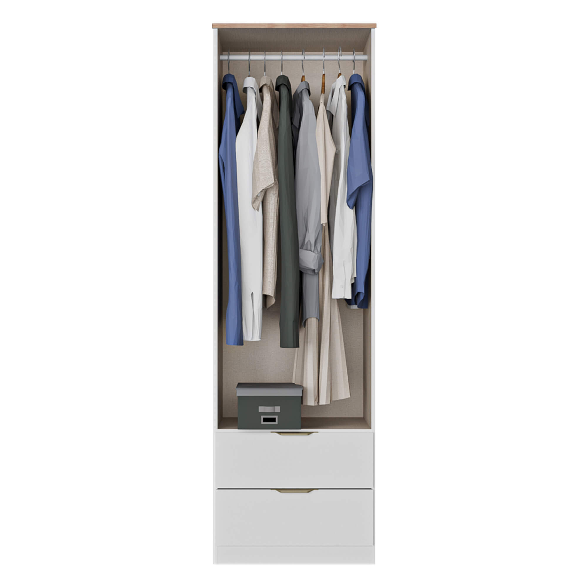 Roupeiro-ALENA-com-2-portas-e-2-gavetas--Branco-Brilho-e-Carvalho-Artesanato