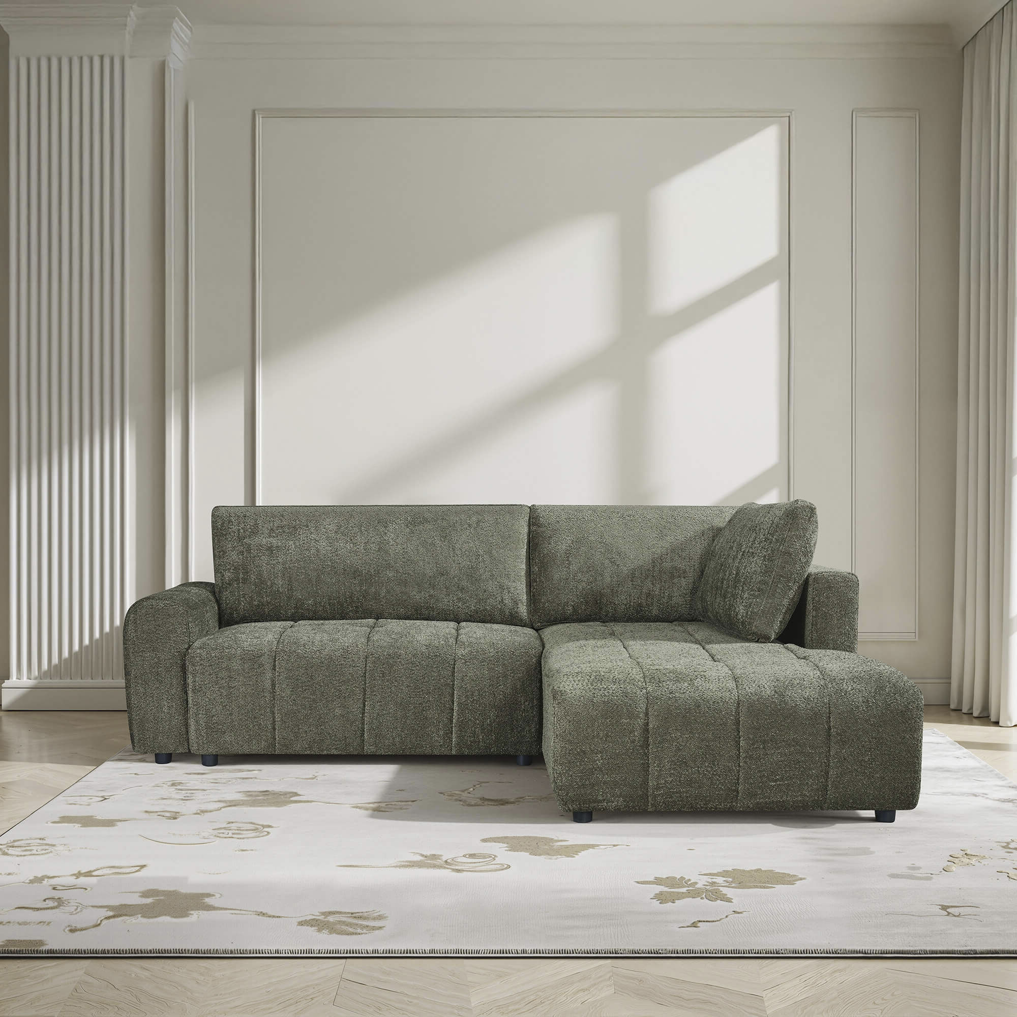 Sofa-chaise-longue-BRAD-com-cama-Verde-Oliva-Escuro---Direita