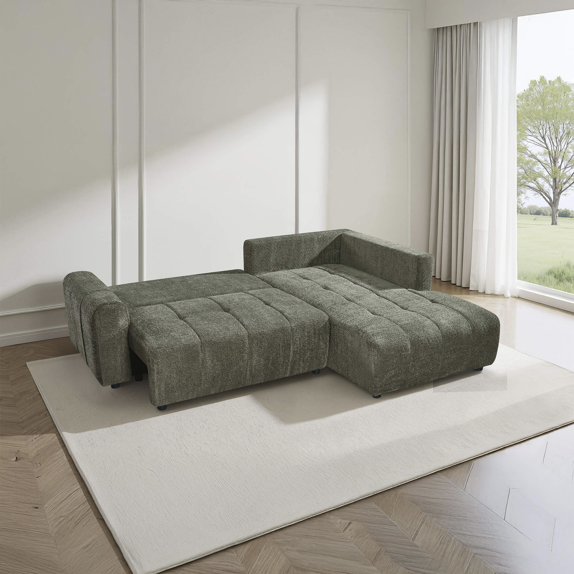 Sofa-chaise-longue-BRAD-com-cama-Verde-Oliva-Escuro---Direita