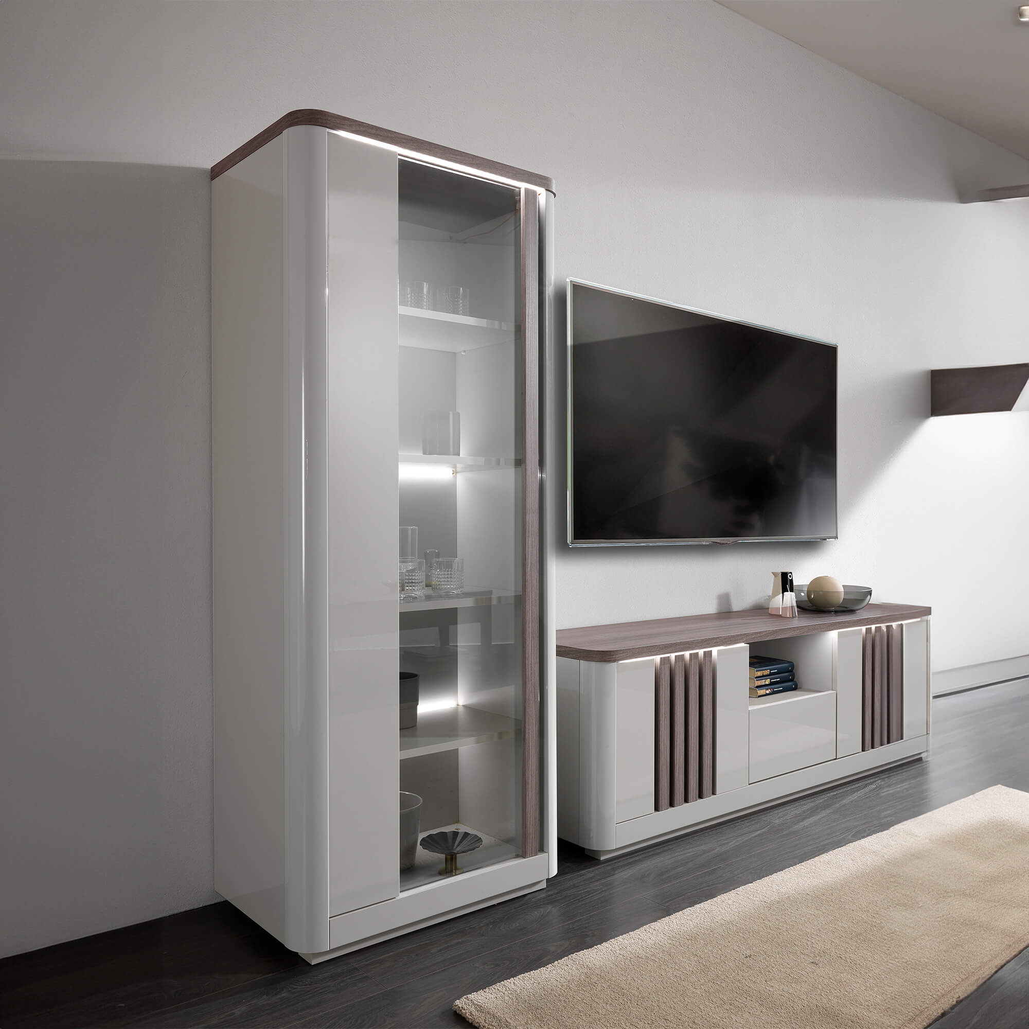 Vitrine-PESARO-com-1-porta-e-com-LED-Cinzento-Brilho-e-Carvalho-Cinza